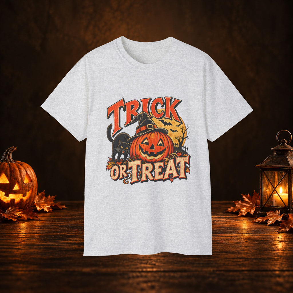 Trick or Treat Halloween T-Shirt – Pumpkin, Black Cat & Full Moon Tee
