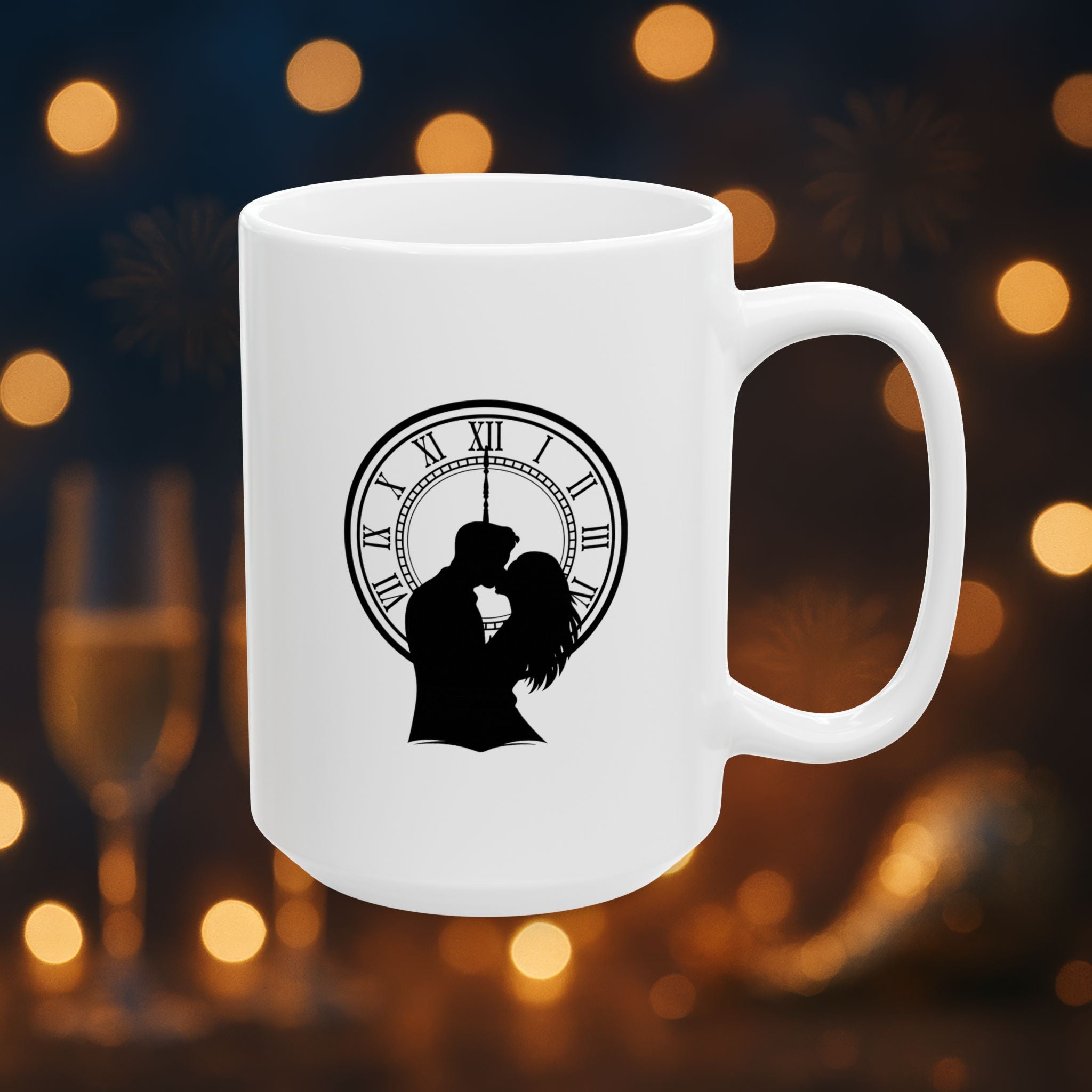 Midnight Kiss New Year’s Eve Coffee Mug – Romantic Clock Silhouette | 11oz & 15oz