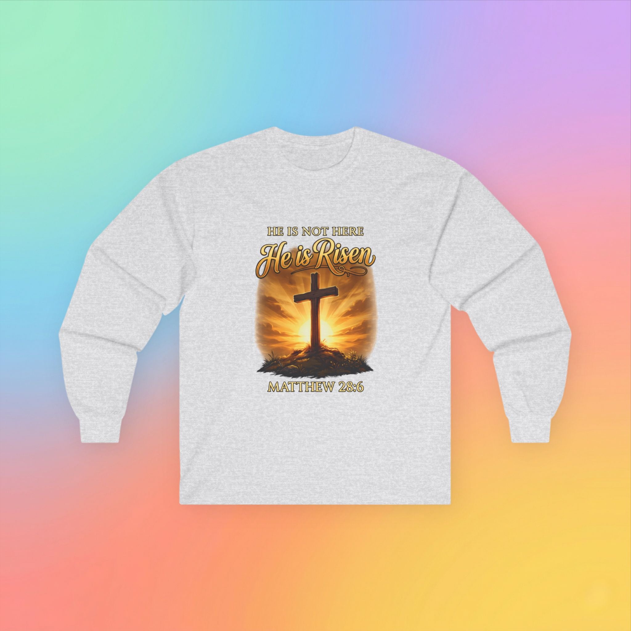 He Is Risen Long Sleeve Tee – Matthew 28:6 Christian Easter Shirt Religious Cross Resurrection Spring Faith Apparel