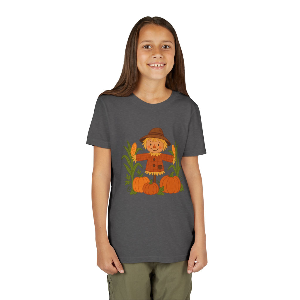 🍂 Cute Fall Scarecrow Kids T-Shirt – Autumn Pumpkins & Corn Patch Design