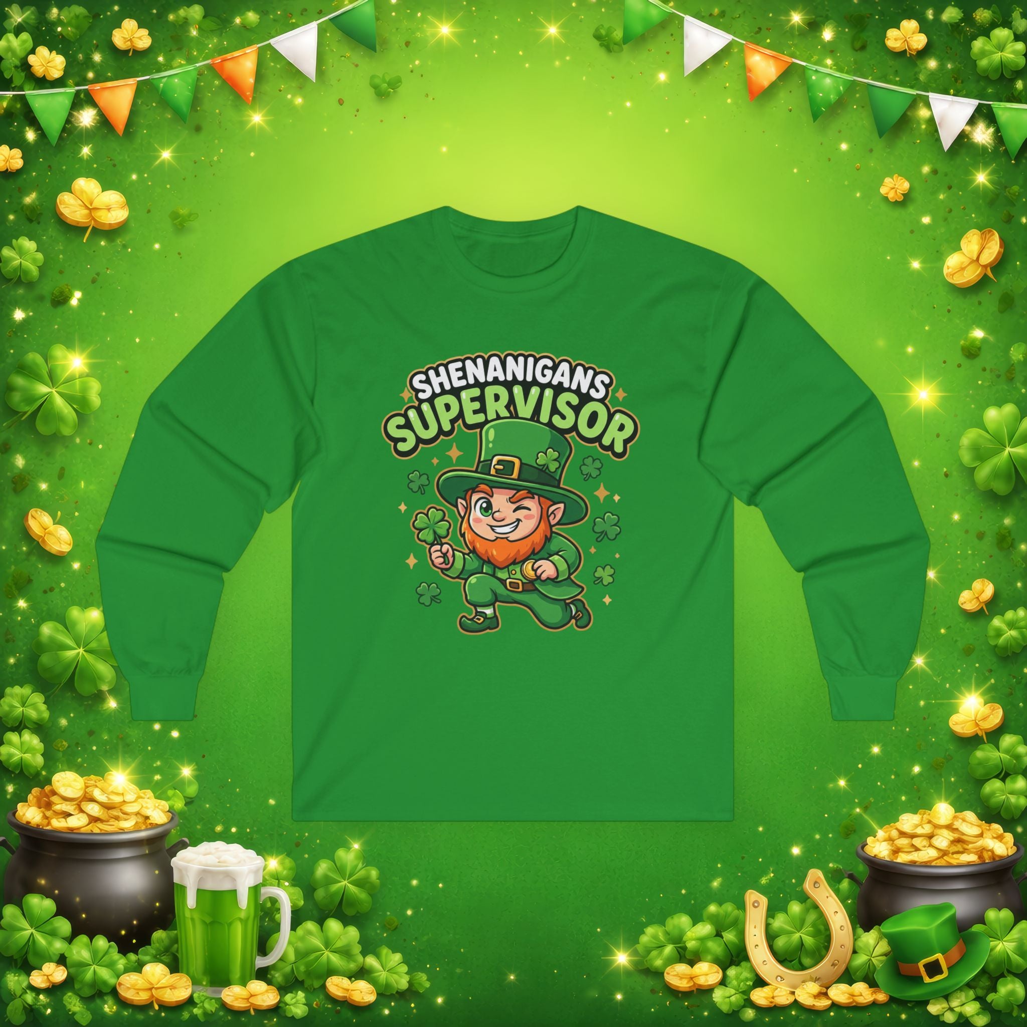 Shenanigans Supervisor Long Sleeve Shirt – Funny St. Patrick’s Day Leprechaun Adult Unisex Tee