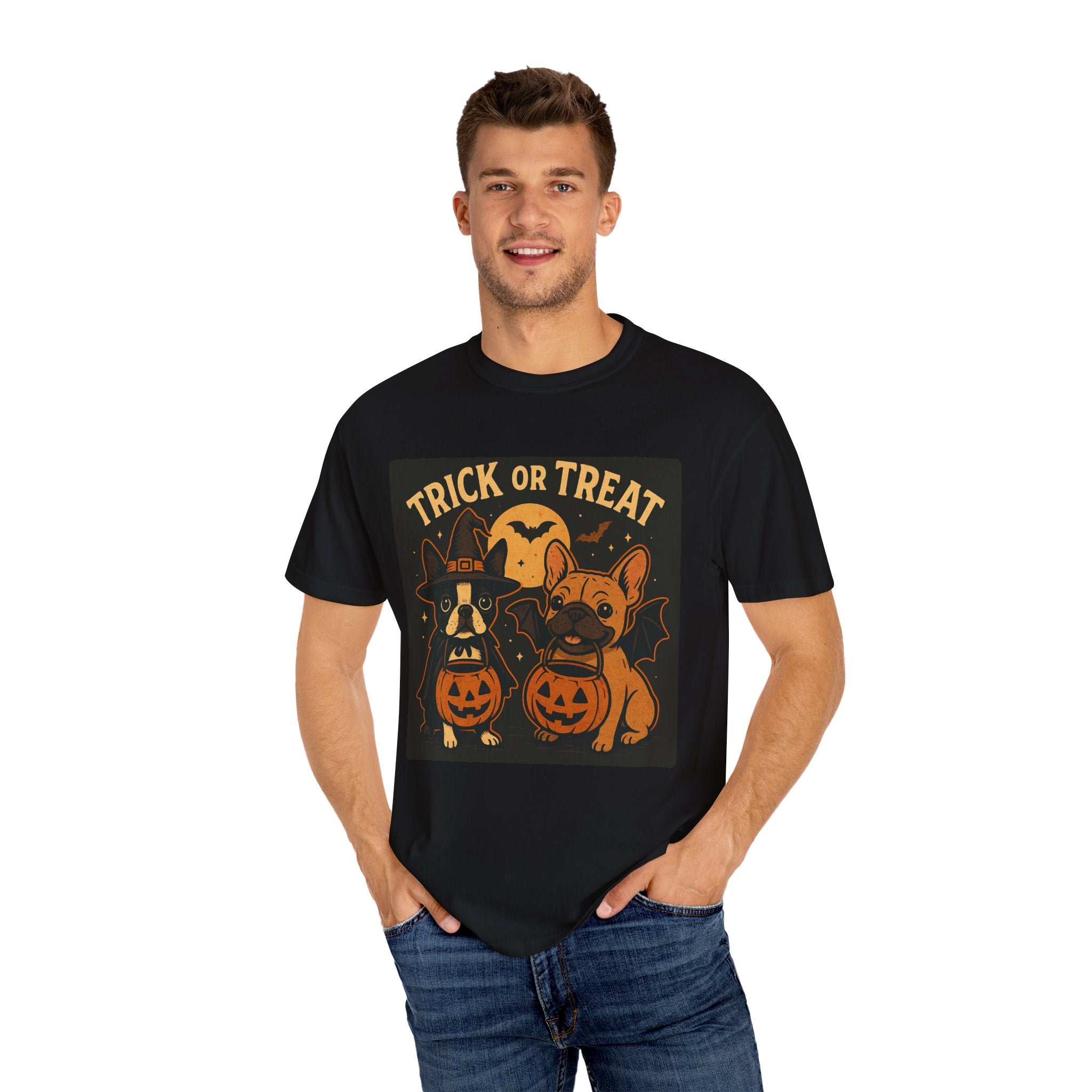 Trick or Treat Boston Terrier & Frenchie Halloween Shirt (Adult Unisex)