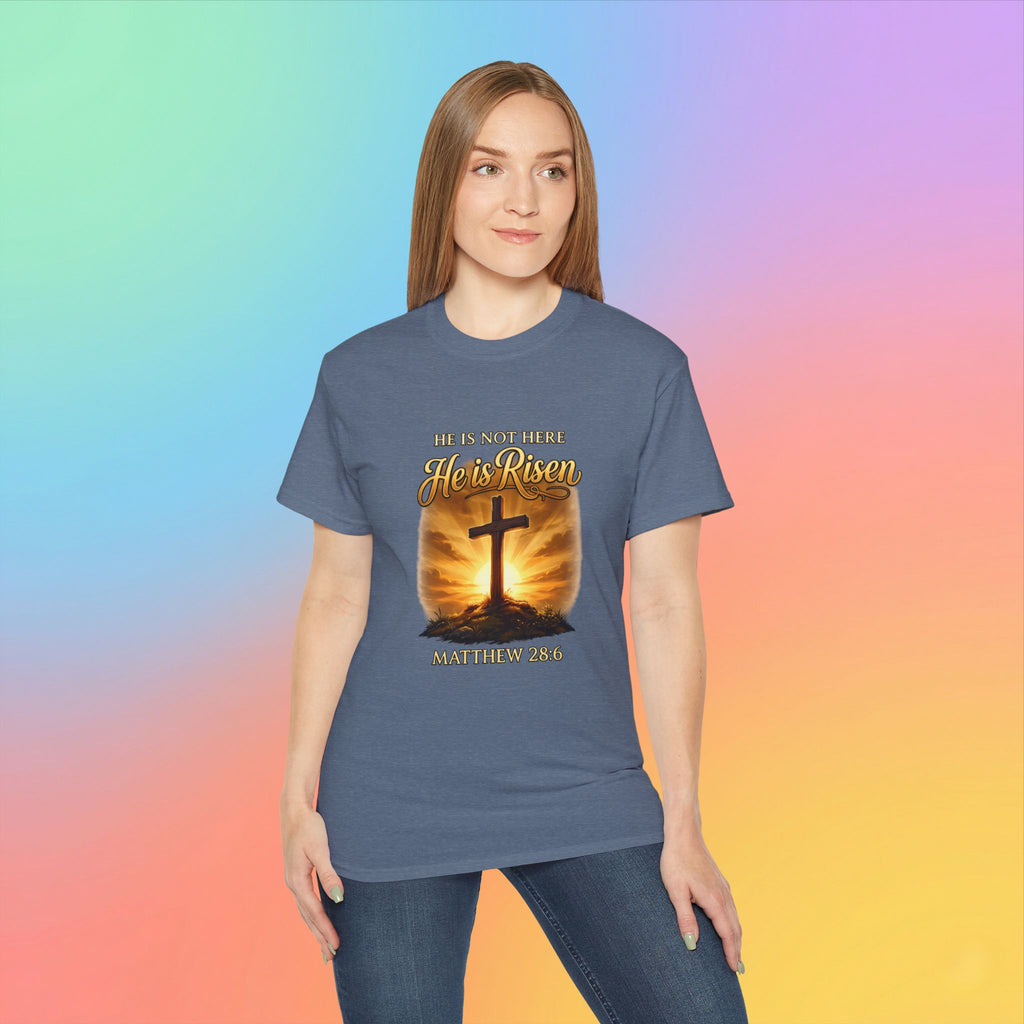 Christian Easter Shirt – He Is Risen Matthew 28:6 Cross Resurrection T-Shirt Faith-Based Easter Apparel