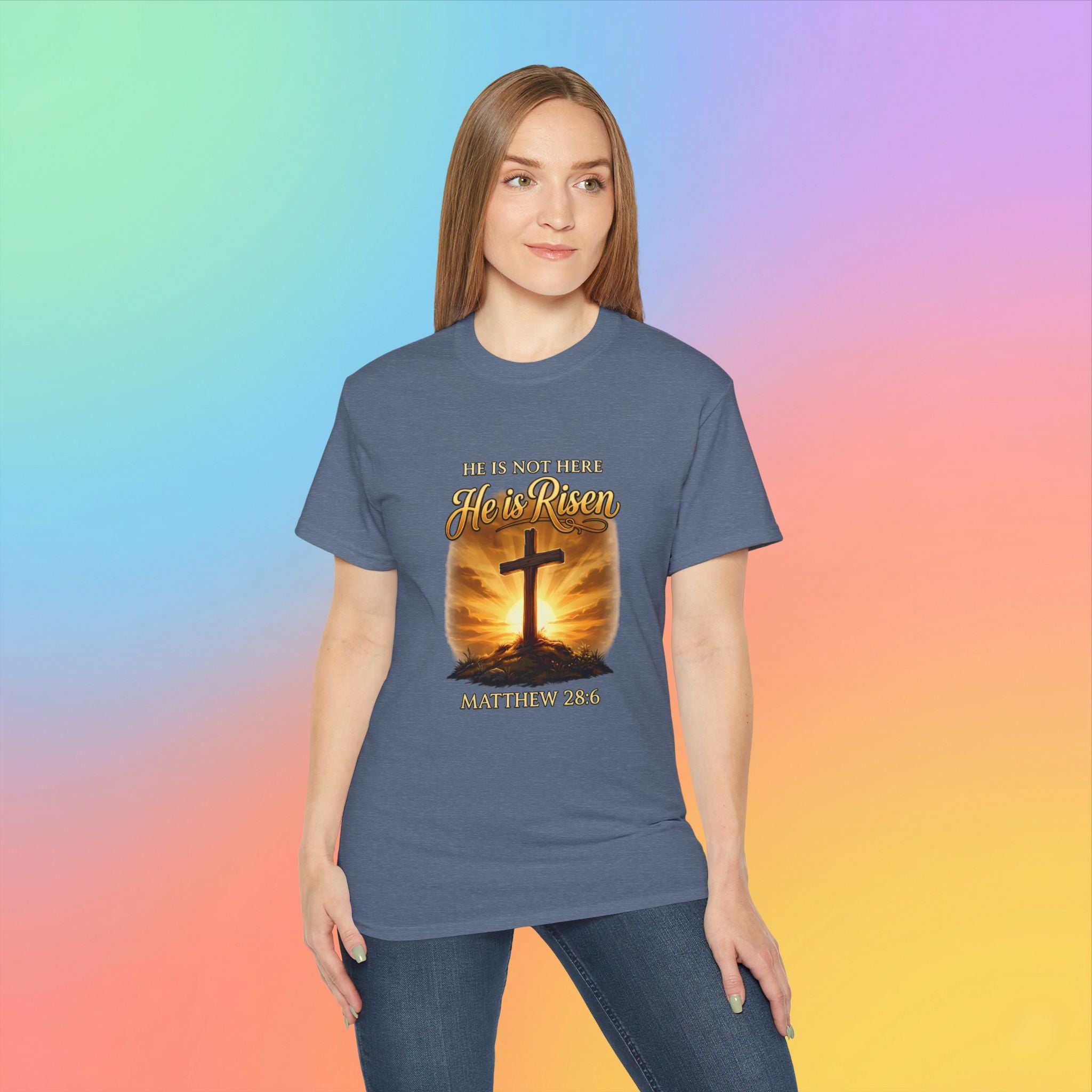 Christian Easter Shirt – He Is Risen Matthew 28:6 Cross Resurrection T-Shirt Faith-Based Easter Apparel
