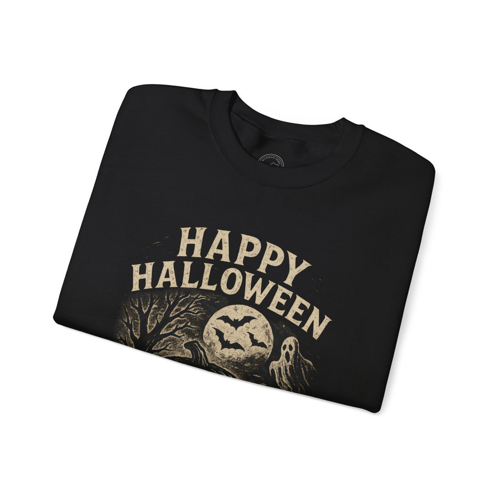 Vintage Happy Halloween Sweatshirt – Spooky Pumpkin, Ghost & Bat Design