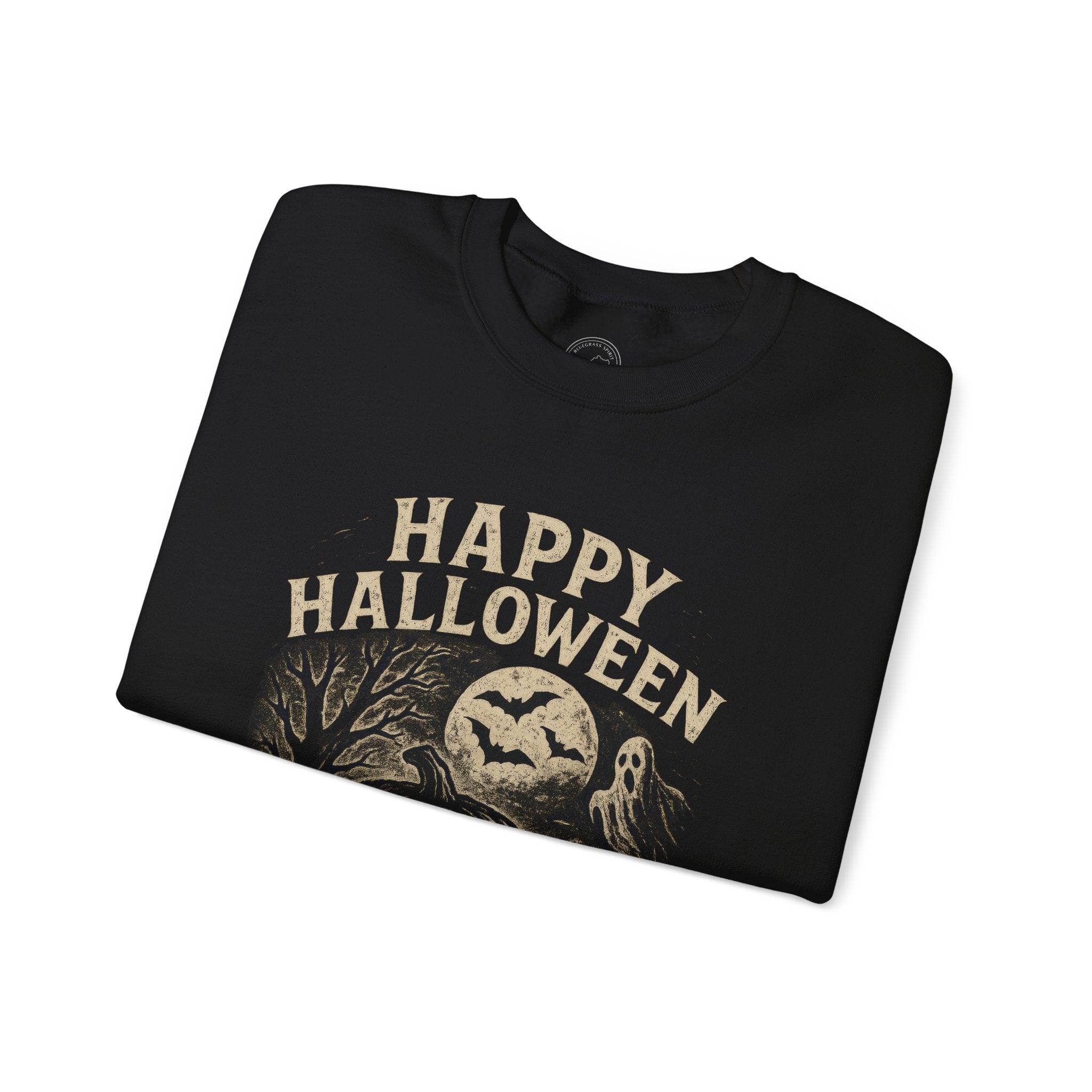 Vintage Happy Halloween Sweatshirt – Spooky Pumpkin, Ghost & Bat Design