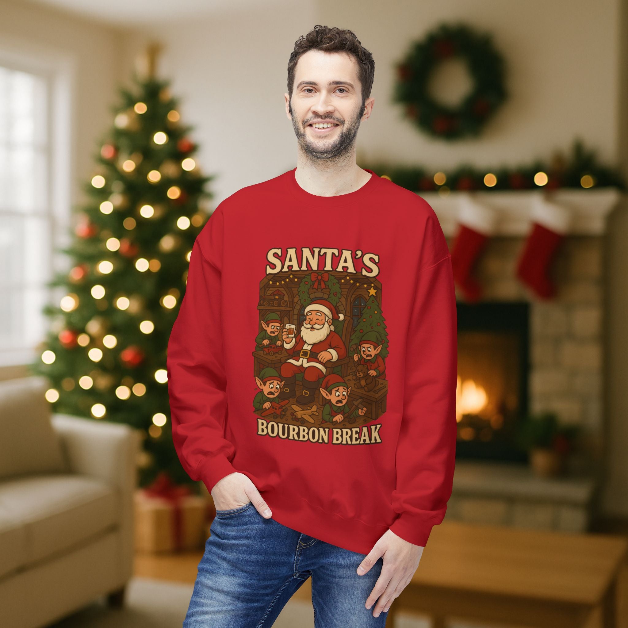 Santa’s Bourbon Break Christmas Sweatshirt – Funny Bourbon Lover Holiday Crewneck for Kentucky Bourbon Fans & Festive Christmas Gift