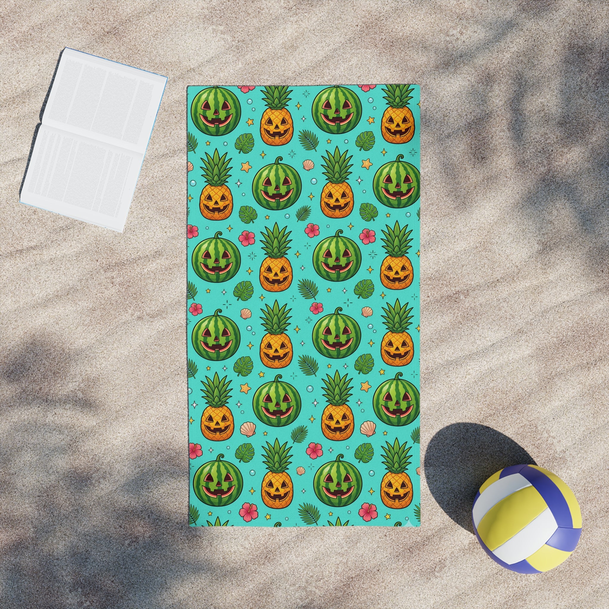 Summerween Beach Towel – Watermelon & Pineapple Jack-O’-Lantern Tropical Halloween Towel