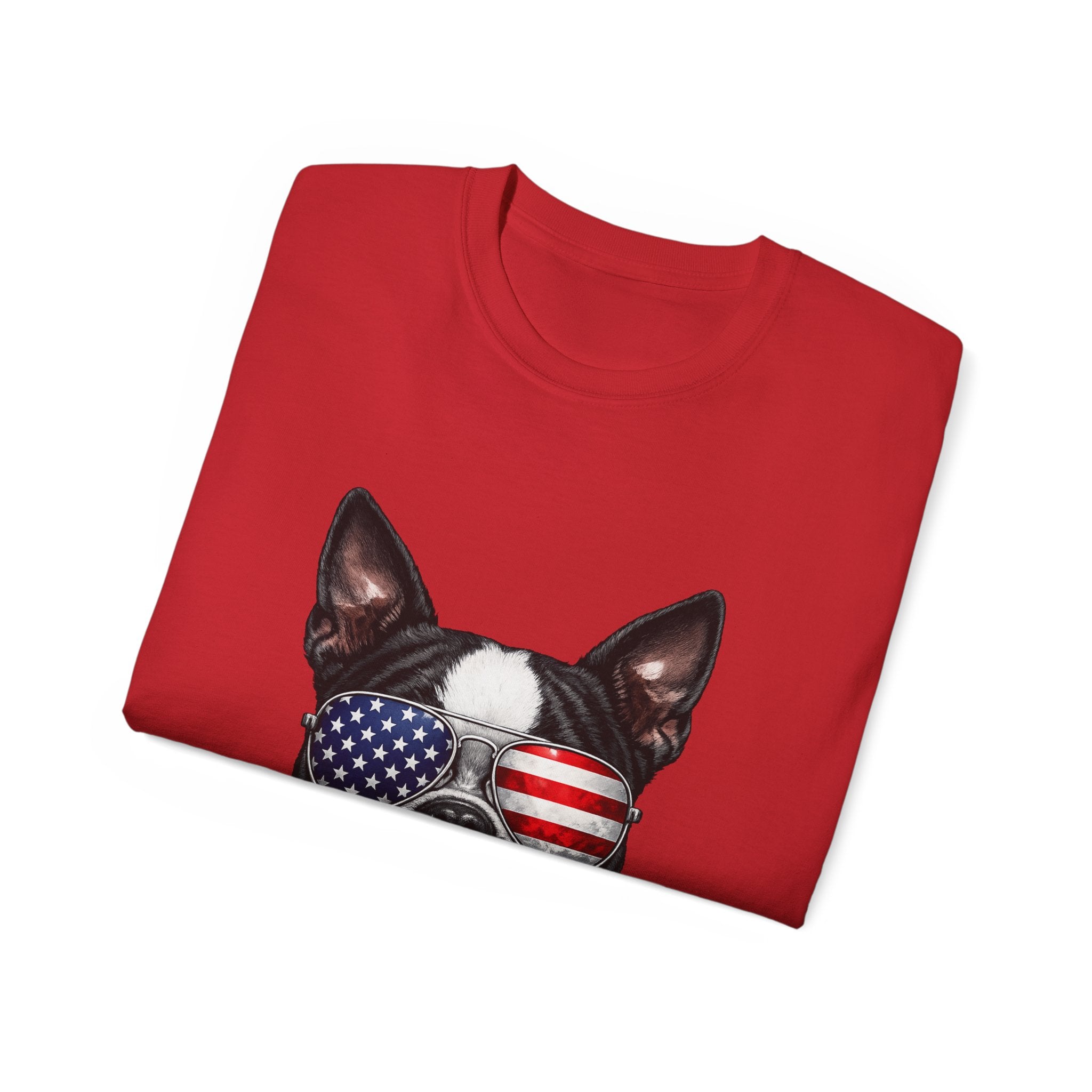 Patriotic Boston Terrier 4th of July T-Shirt | American Flag Dog Sunglasses Tee