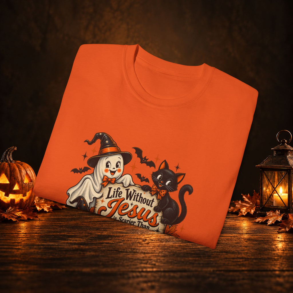 Halloween Christian T-Shirt — “Life Without Jesus Is Scary” Pumpkin & Cat Tee