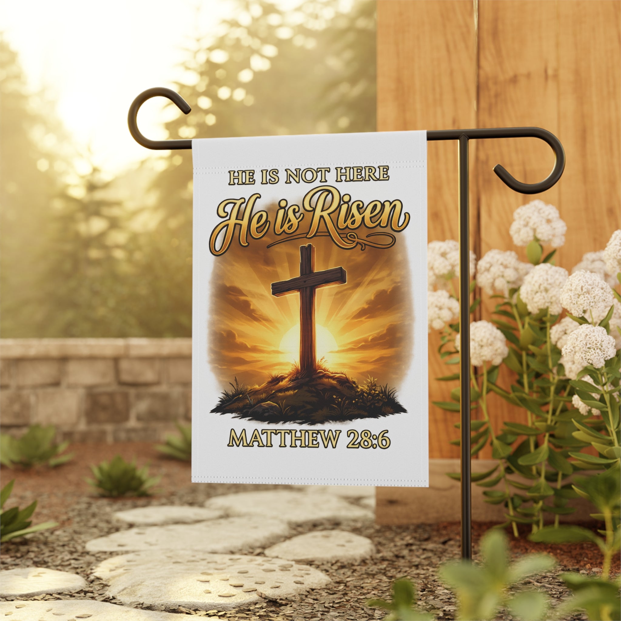 Christian Easter Garden Flag – He Is Risen Matthew 28:6 Cross Sunrise Religious Spring Yard Decor