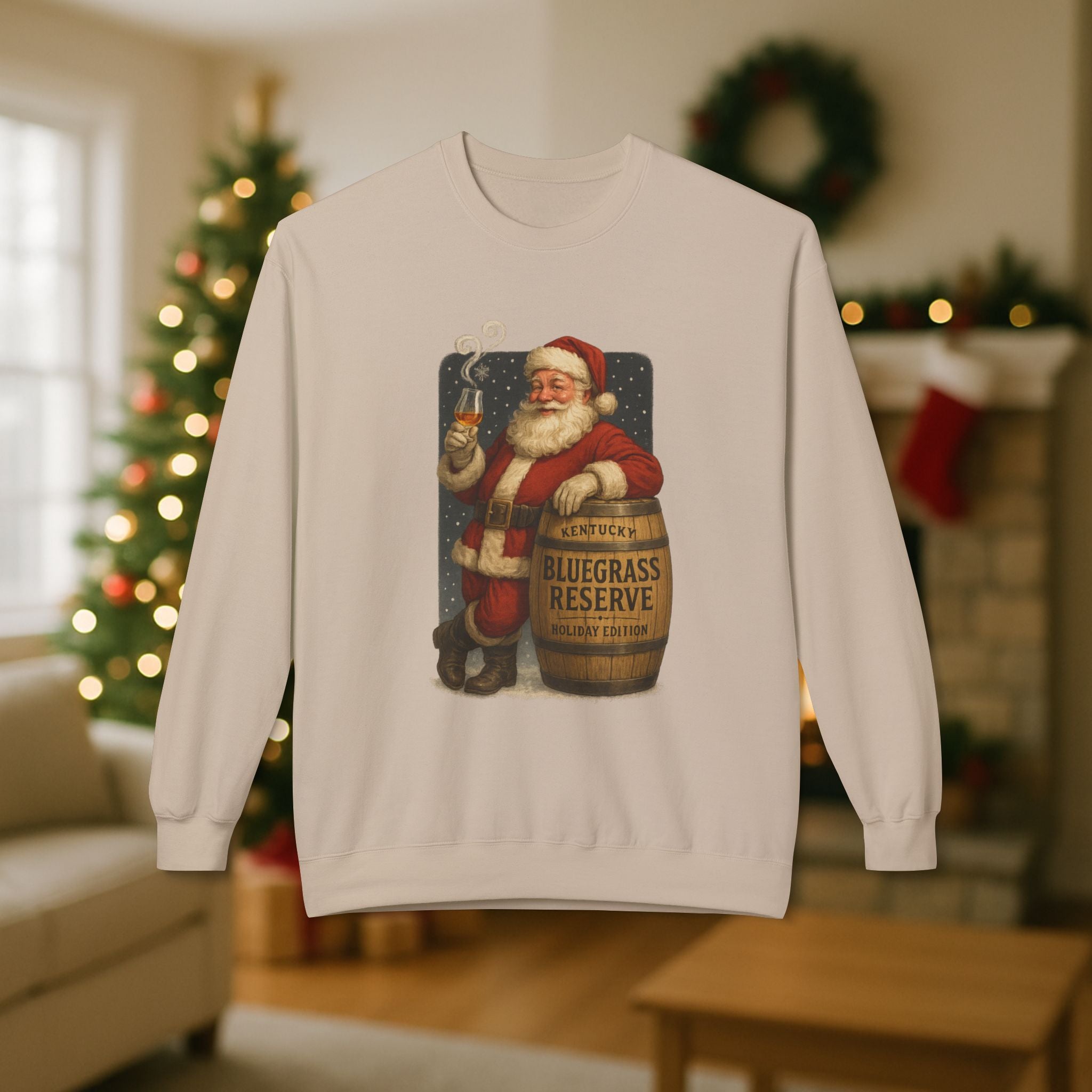 Kentucky “Bluegrass Reserve” Santa Bourbon Christmas Sweatshirt – Vintage Holiday Distillery Graphic