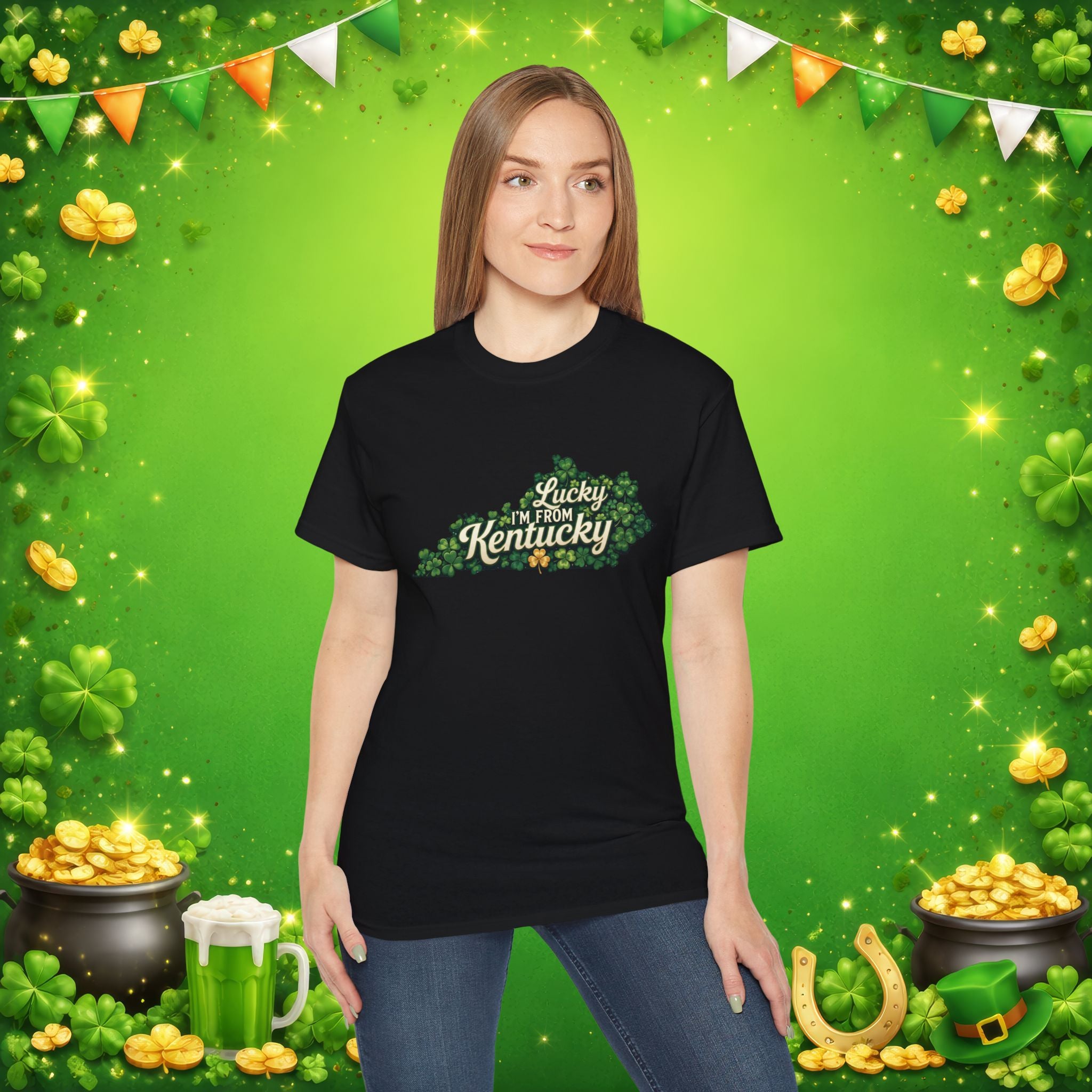 Lucky I’m From Kentucky T-Shirt – St. Patrick’s Day Shamrock Kentucky Shirt – Irish Bluegrass Pride Graphic Tee