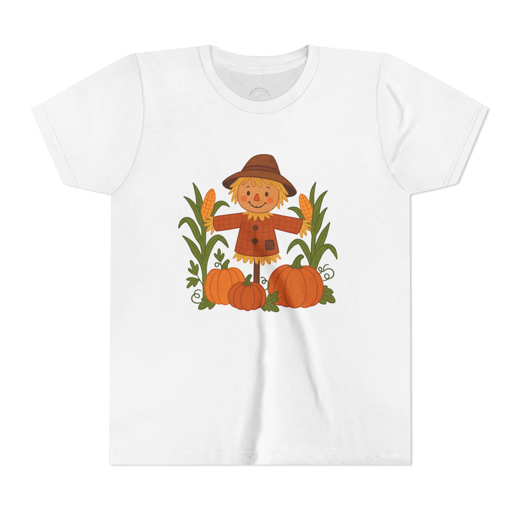 🍂 Cute Fall Scarecrow Kids T-Shirt – Autumn Pumpkins & Corn Patch Design