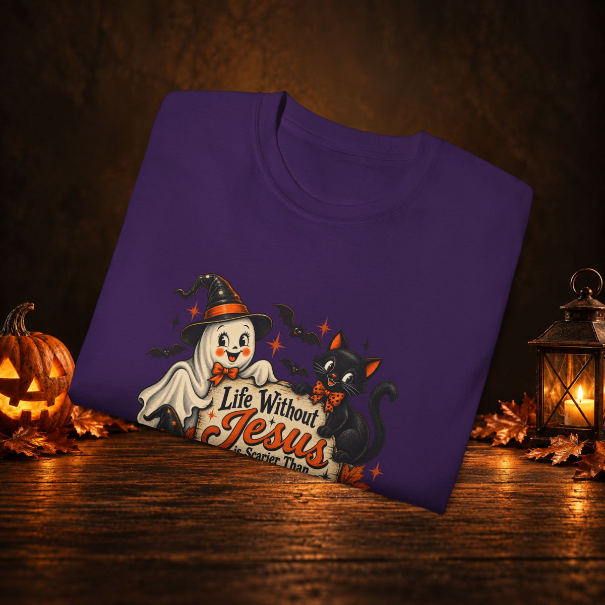 Halloween Christian T-Shirt — “Life Without Jesus Is Scary” Pumpkin & Cat Tee