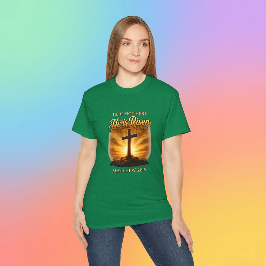 Christian Easter Shirt – He Is Risen Matthew 28:6 Cross Resurrection T-Shirt Faith-Based Easter Apparel
