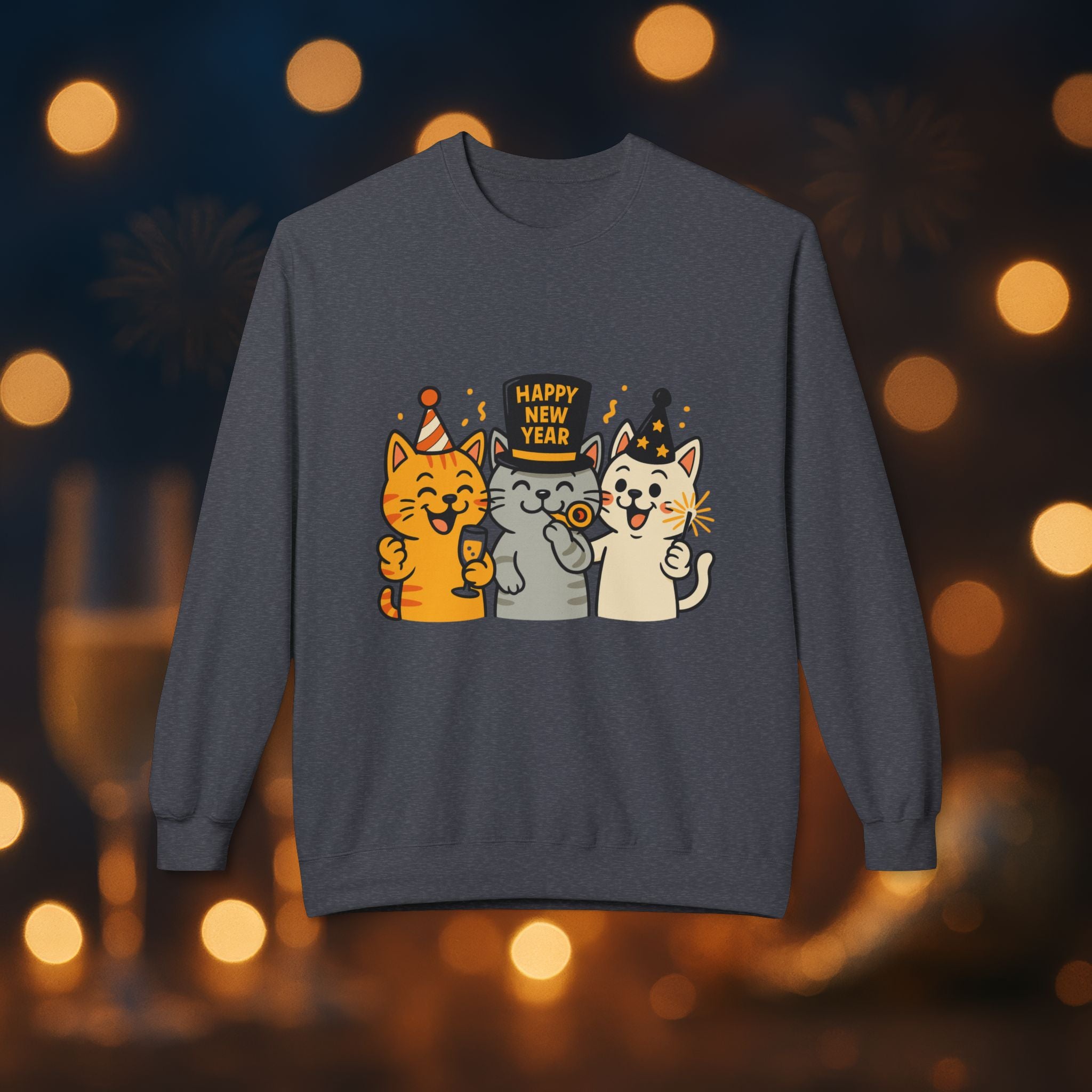 Happy New Year Cats Sweatshirt – Cute Party Cat Crewneck | New Year’s Eve Cat Lover Gift