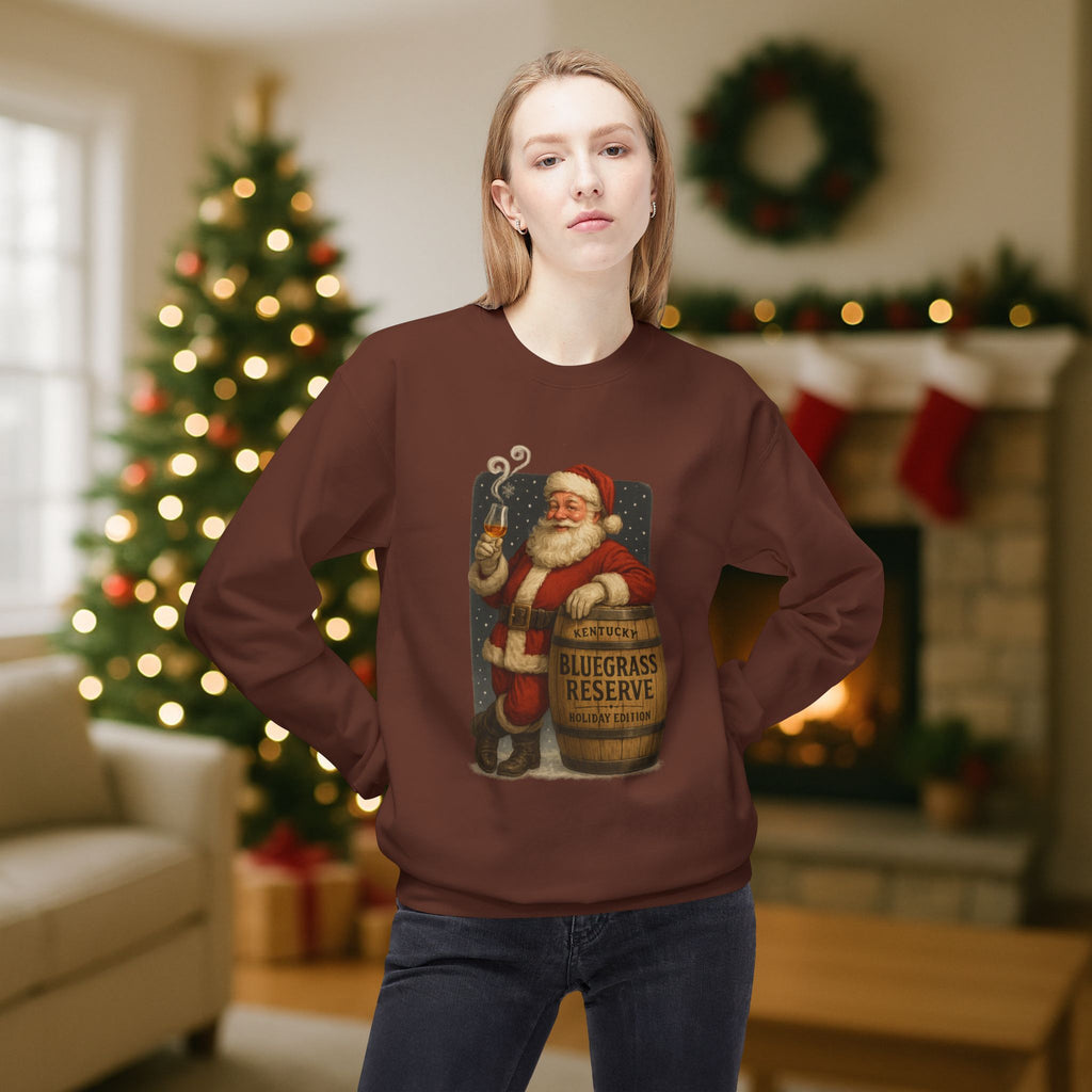Kentucky “Bluegrass Reserve” Santa Bourbon Christmas Sweatshirt – Vintage Holiday Distillery Graphic