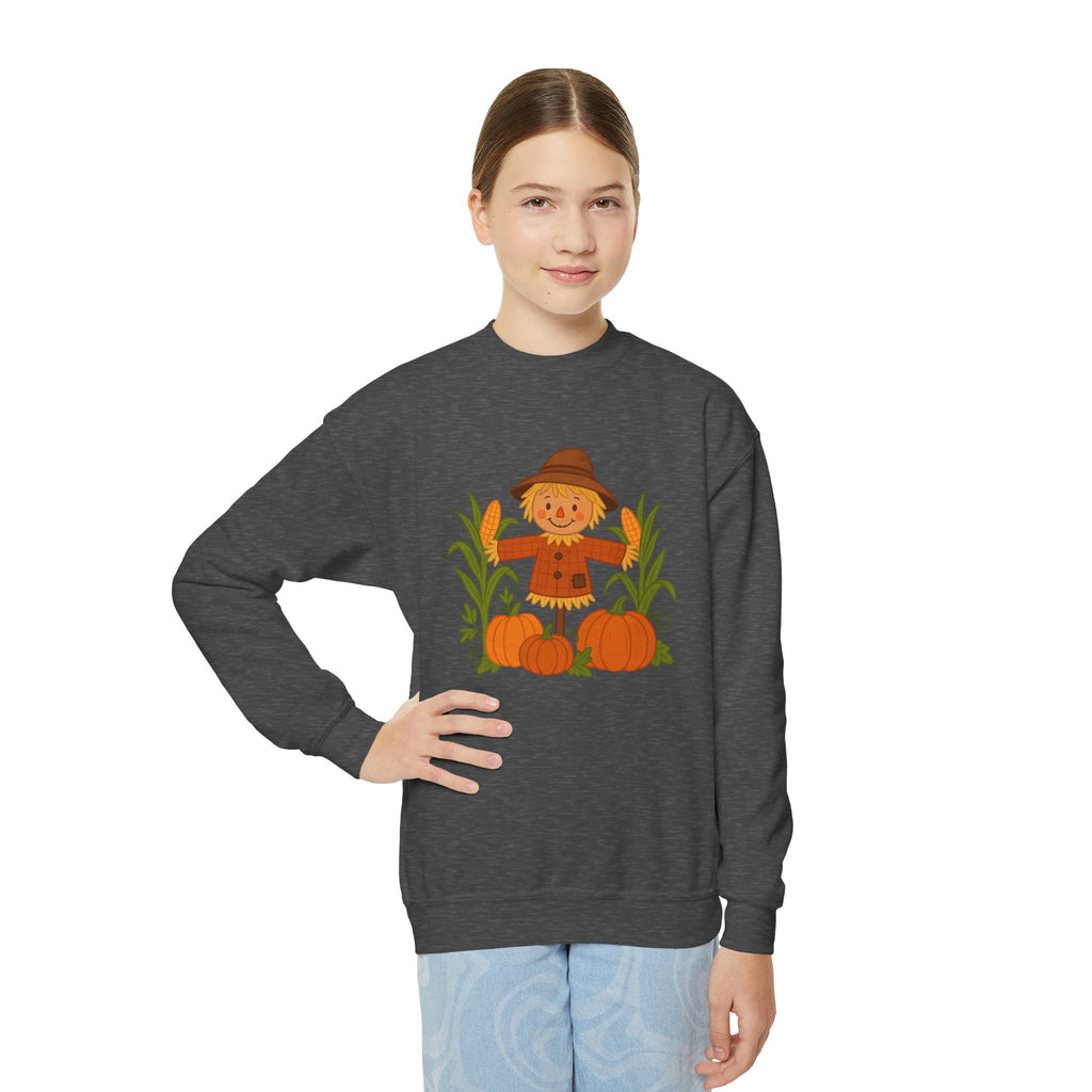 Autumn Scarecrow Youth Crewneck Sweatshirt - Perfect for Fall, Thanksgiving, Cozy Wear, Kids Sweatshirt, Seasonal Apparel