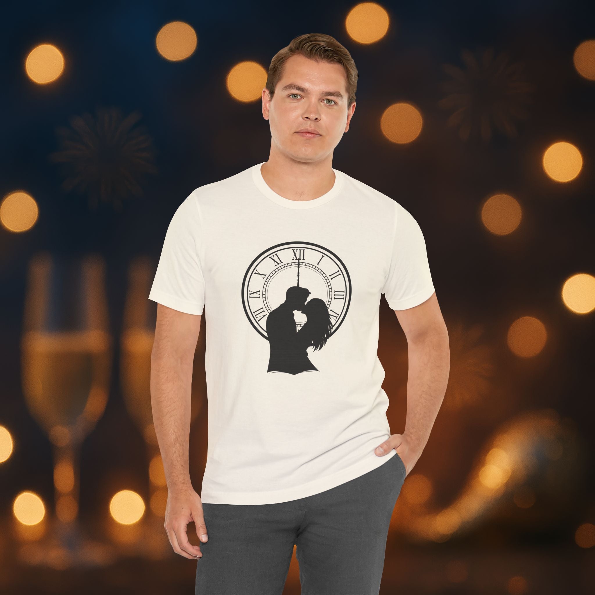Midnight Kiss New Year’s Eve T-Shirt – Romantic Clock Silhouette Celebration Tee