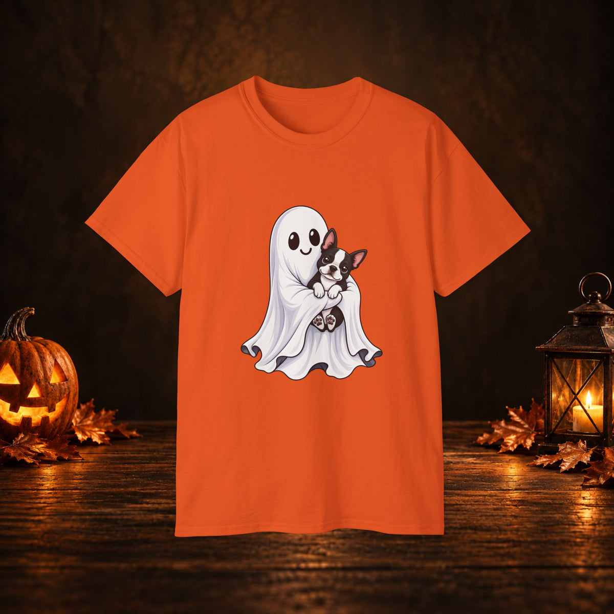 Cute Ghost & Boston Terrier Halloween T‑Shirt