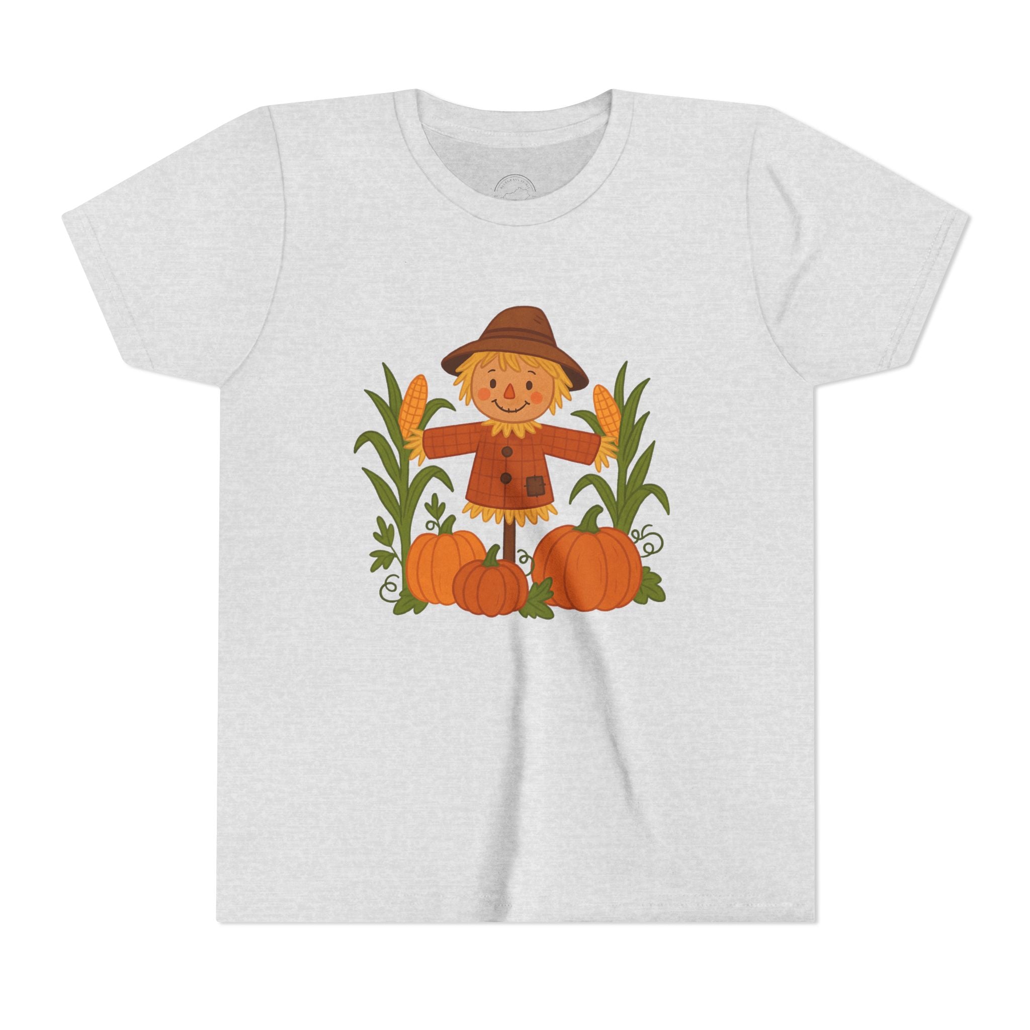 🍂 Cute Fall Scarecrow Kids T-Shirt – Autumn Pumpkins & Corn Patch Design