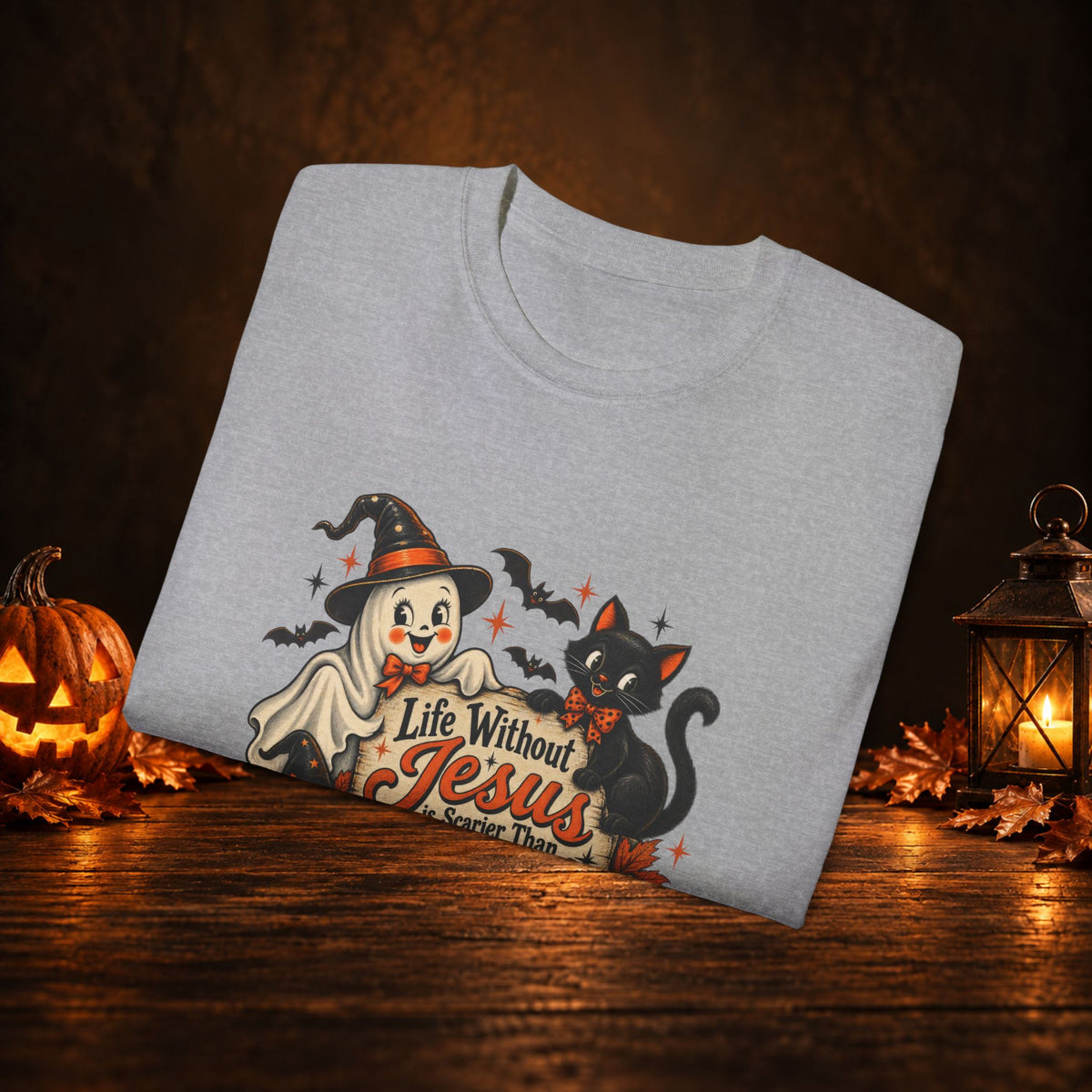 Halloween Christian T-Shirt — “Life Without Jesus Is Scary” Pumpkin & Cat Tee