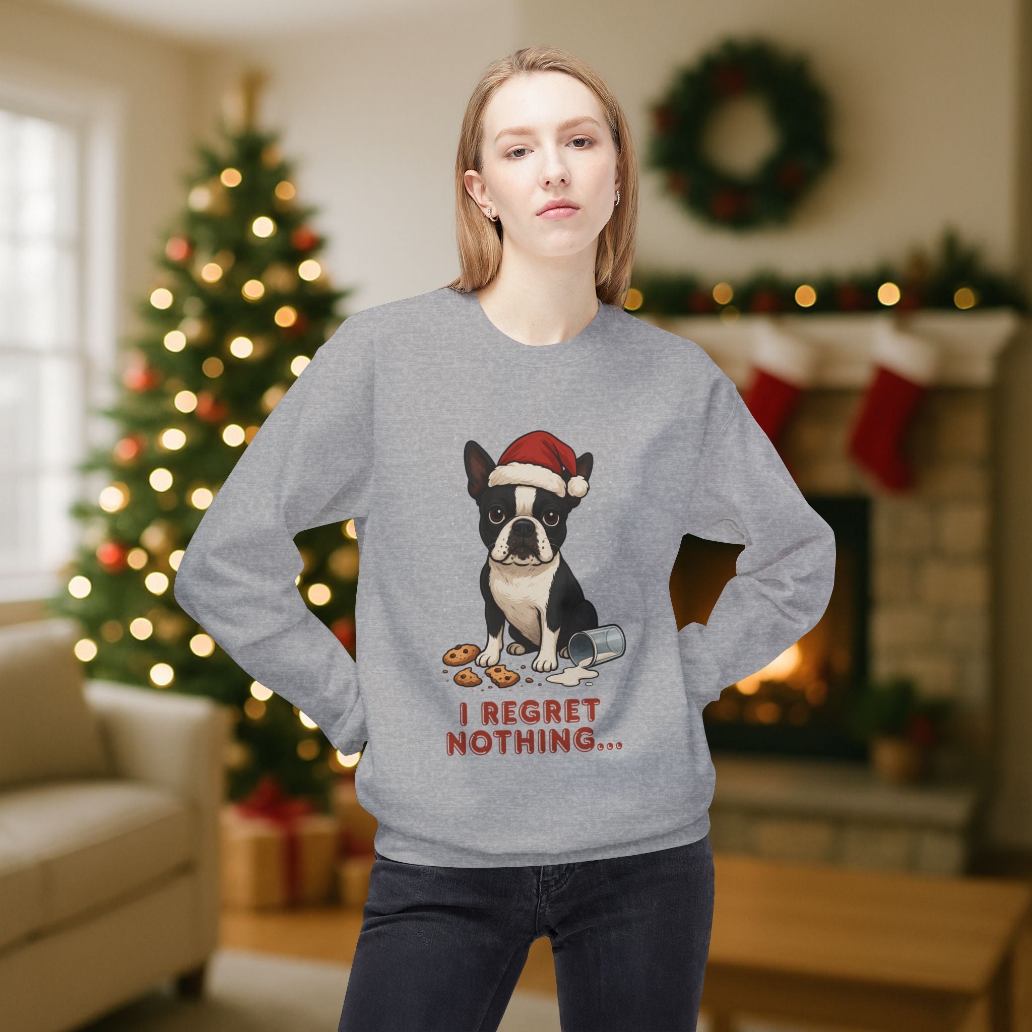 Boston Terrier “I Regret Nothing” Christmas Sweatshirt – Funny Holiday Dog Cookie Shirt