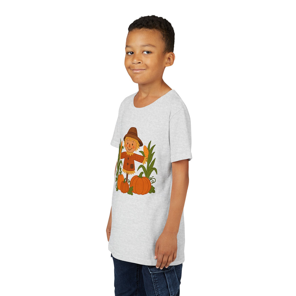 🍂 Cute Fall Scarecrow Kids T-Shirt – Autumn Pumpkins & Corn Patch Design