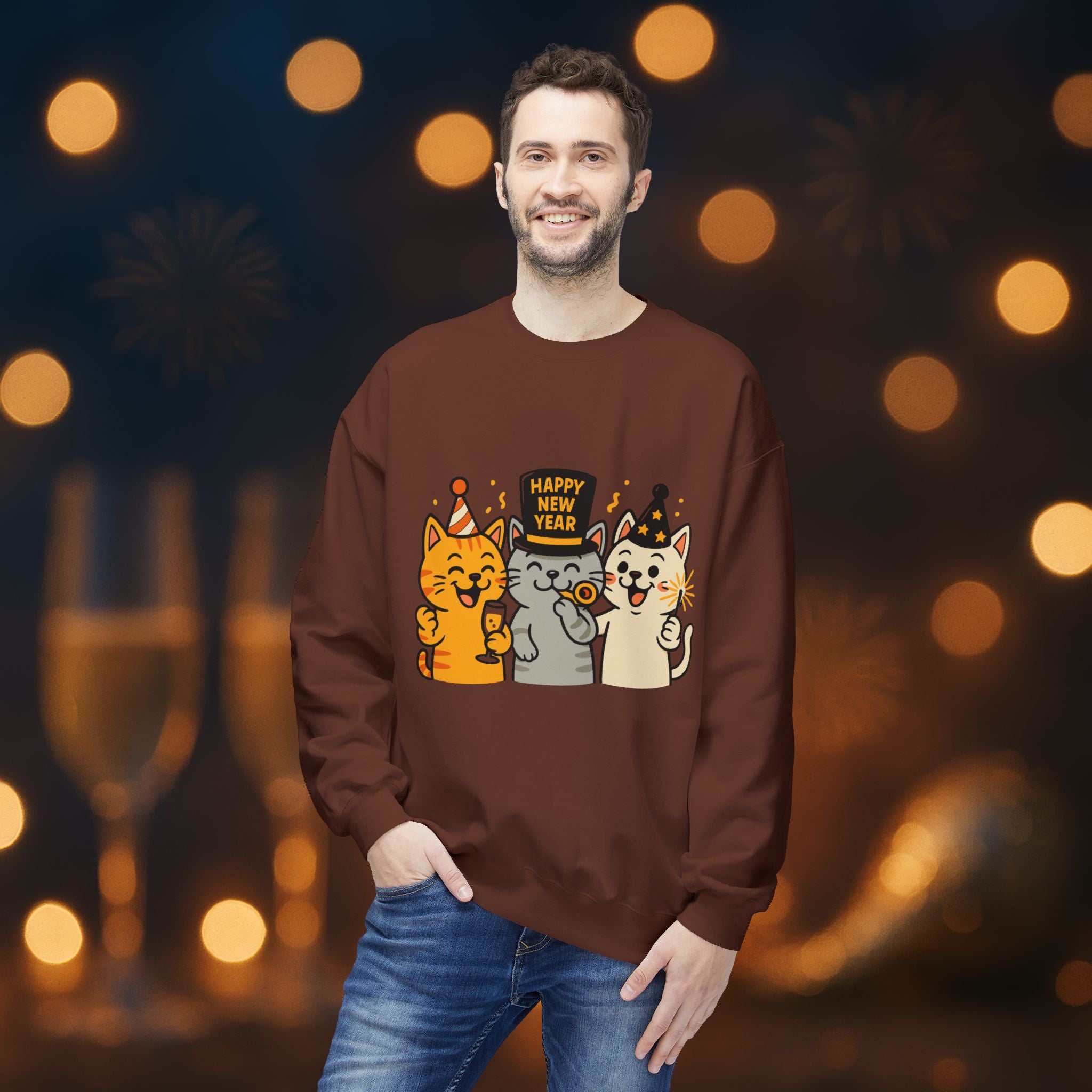 Happy New Year Cats Sweatshirt – Cute Party Cat Crewneck | New Year’s Eve Cat Lover Gift