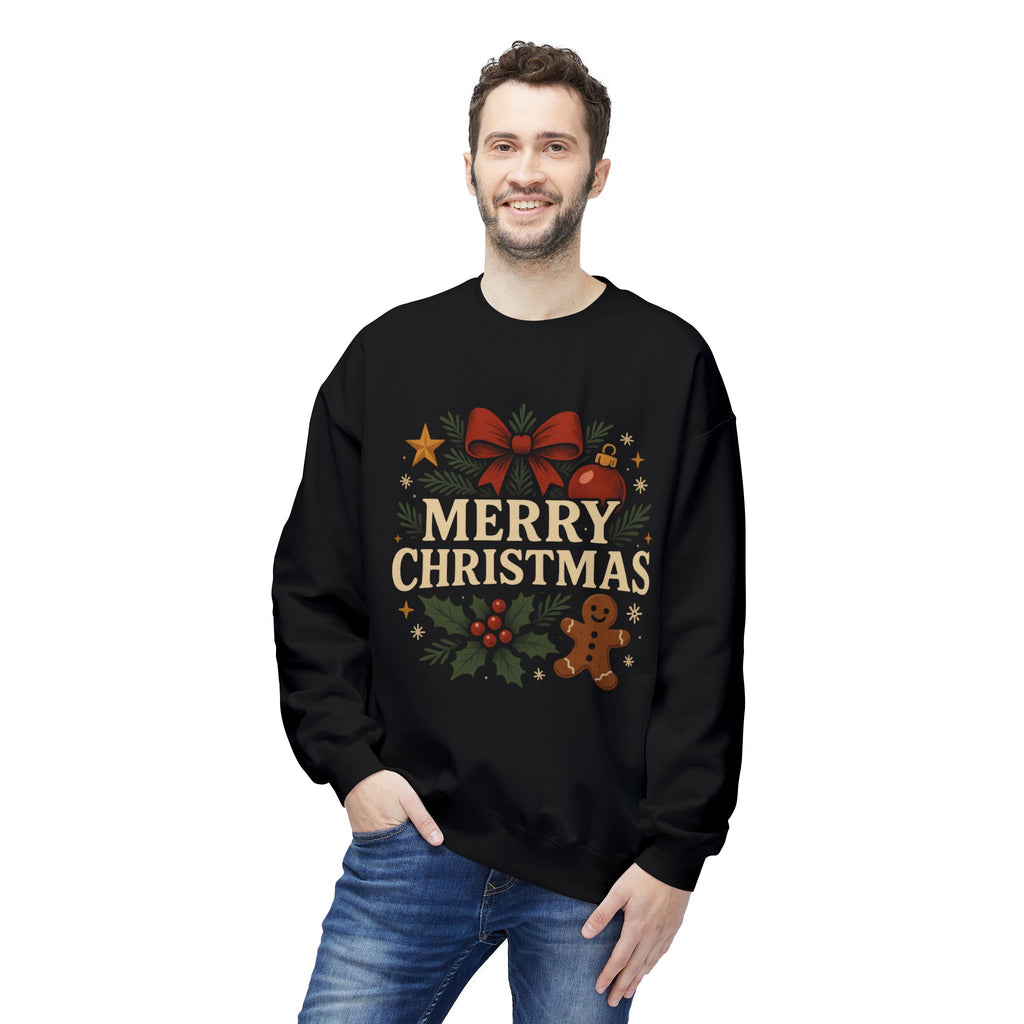 Classic Merry Christmas Sweatshirt – Cozy Holiday Gingerbread & Holly Design