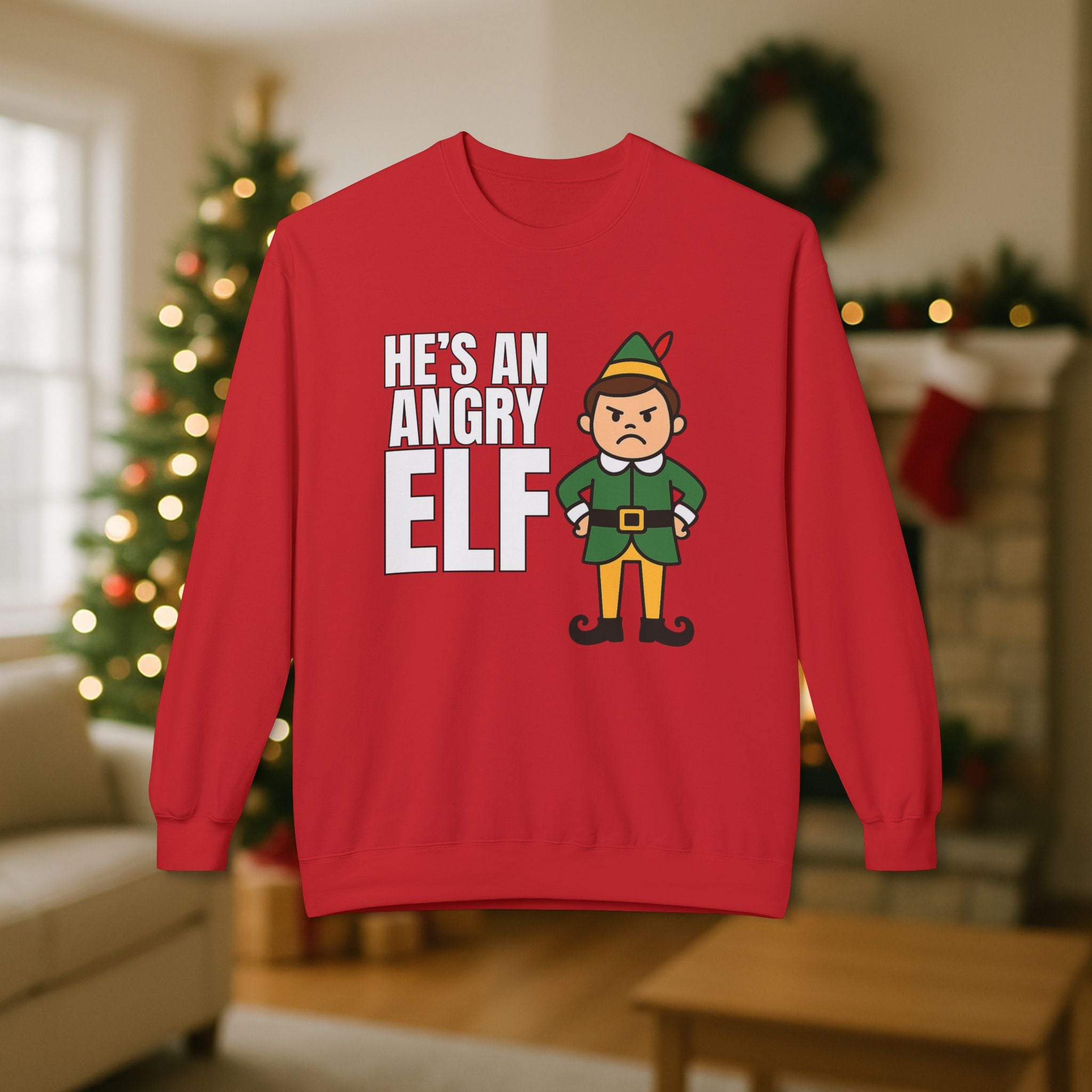 He’s an Angry Elf Christmas Sweatshirt – Funny Holiday Elf Graphic | Festive Unisex Crewneck