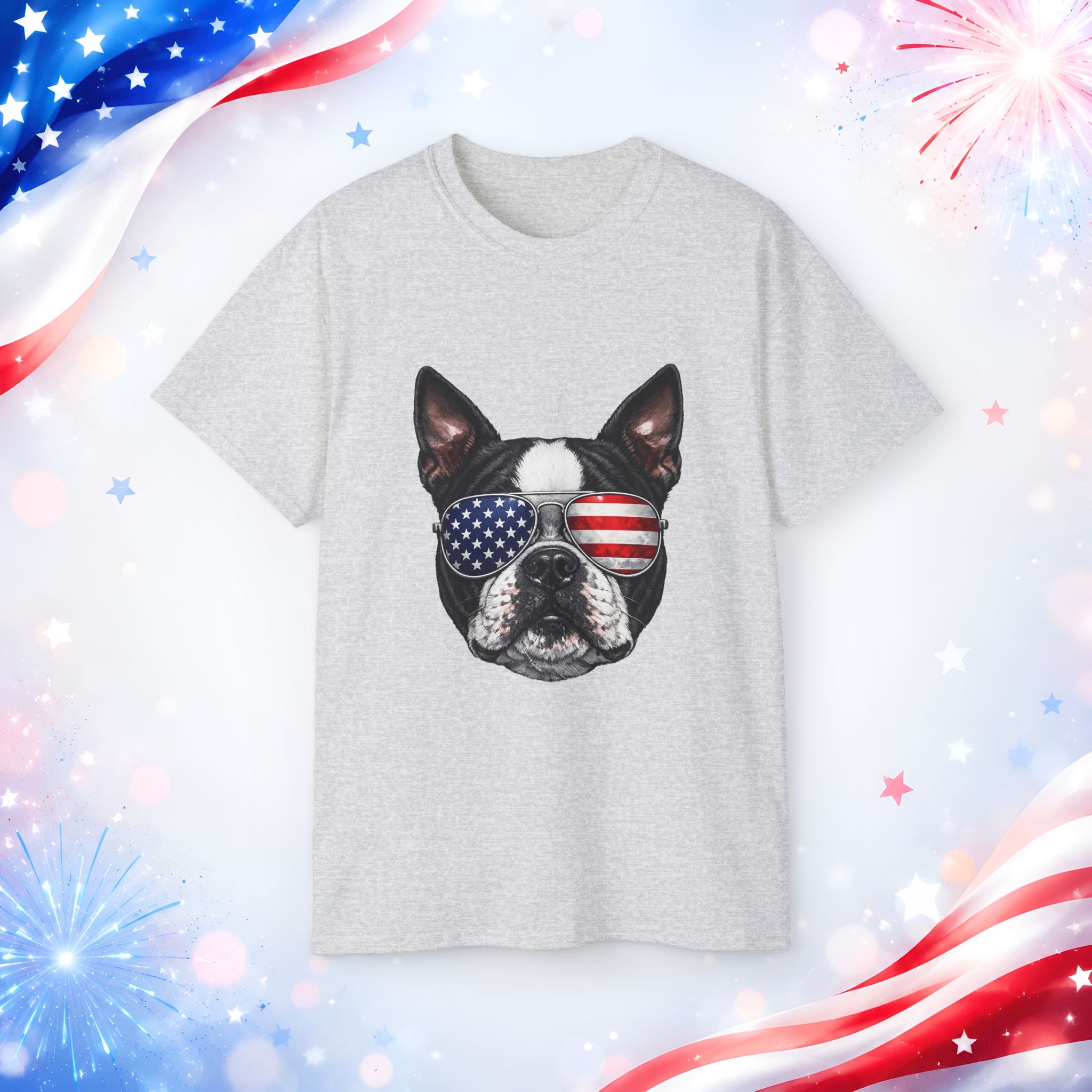 Patriotic Boston Terrier 4th of July T-Shirt | American Flag Dog Sunglasses Tee