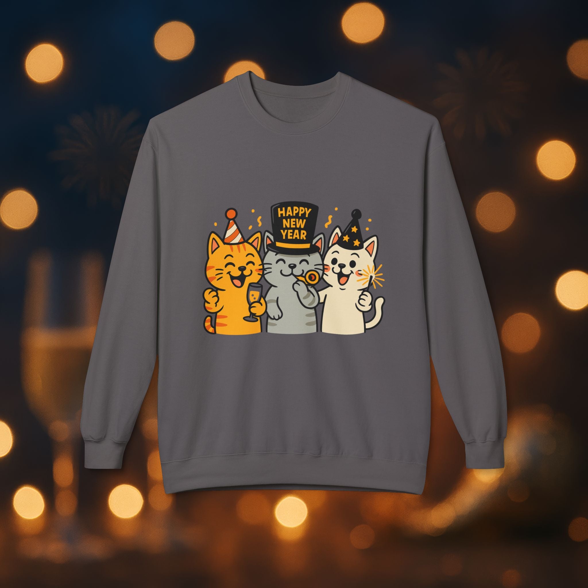 Happy New Year Cats Sweatshirt – Cute Party Cat Crewneck | New Year’s Eve Cat Lover Gift