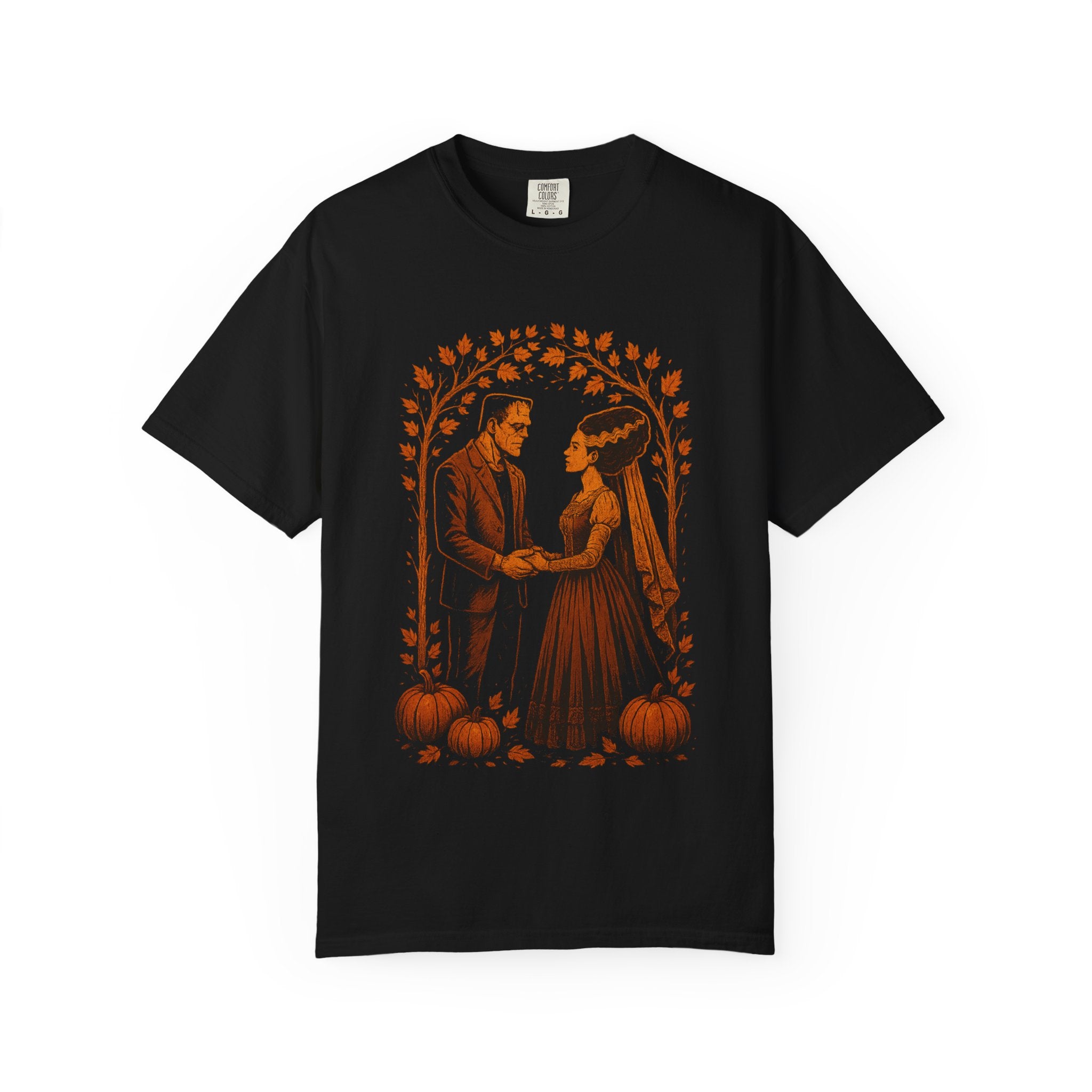 The Monster & The Bride, Vintage Halloween Couples T-Shirt, Spooky Apparel, Autumn Fashion, Fall Outfits, Pumpkin Shirt, Wedding Gift, Unisex Tee