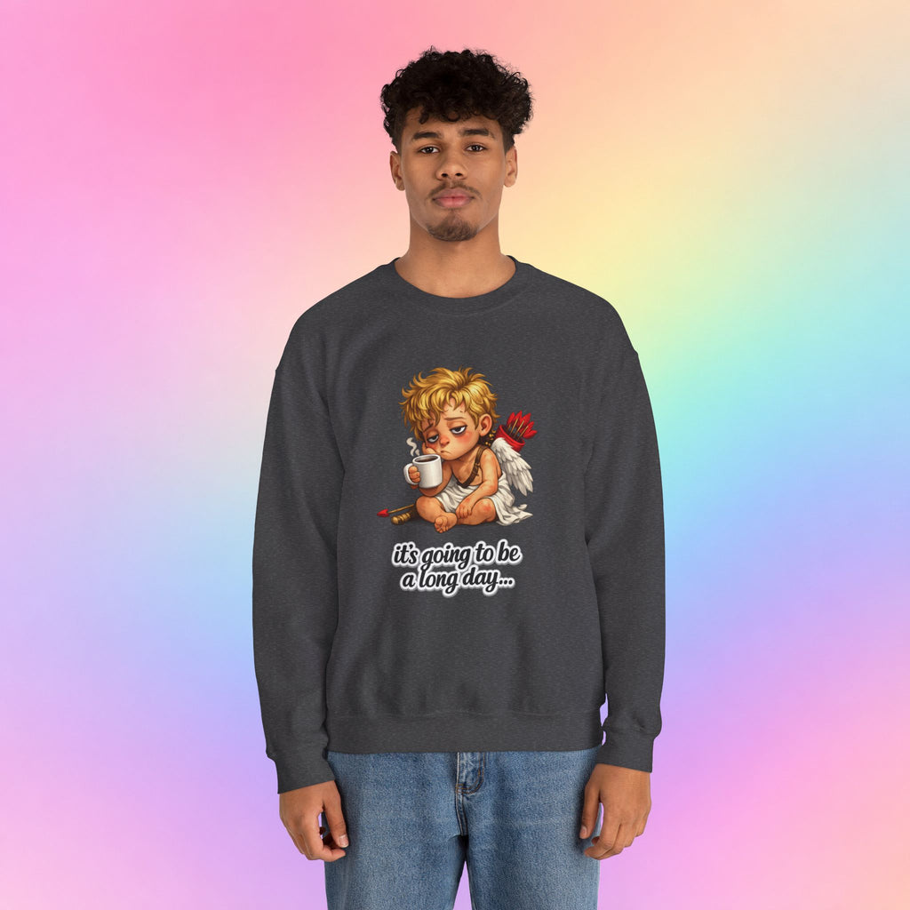 It’s Going to Be a Long Day Cupid Valentine’s Day Sweatshirt – Funny Coffee Angel Pullover