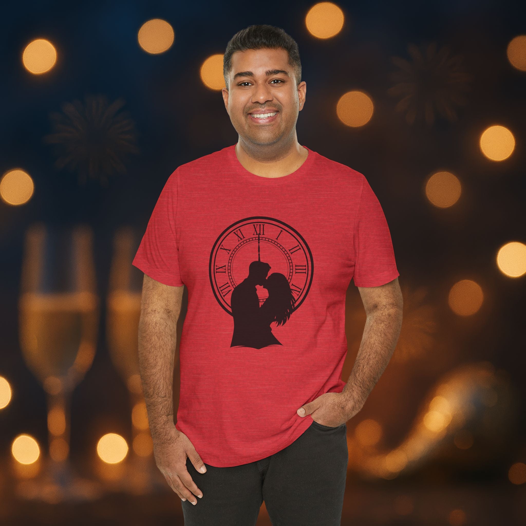 Midnight Kiss New Year’s Eve T-Shirt – Romantic Clock Silhouette Celebration Tee