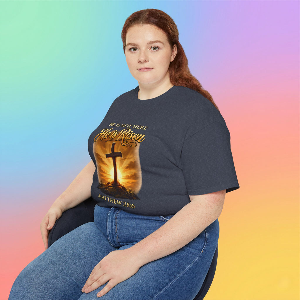 Christian Easter Shirt – He Is Risen Matthew 28:6 Cross Resurrection T-Shirt Faith-Based Easter Apparel