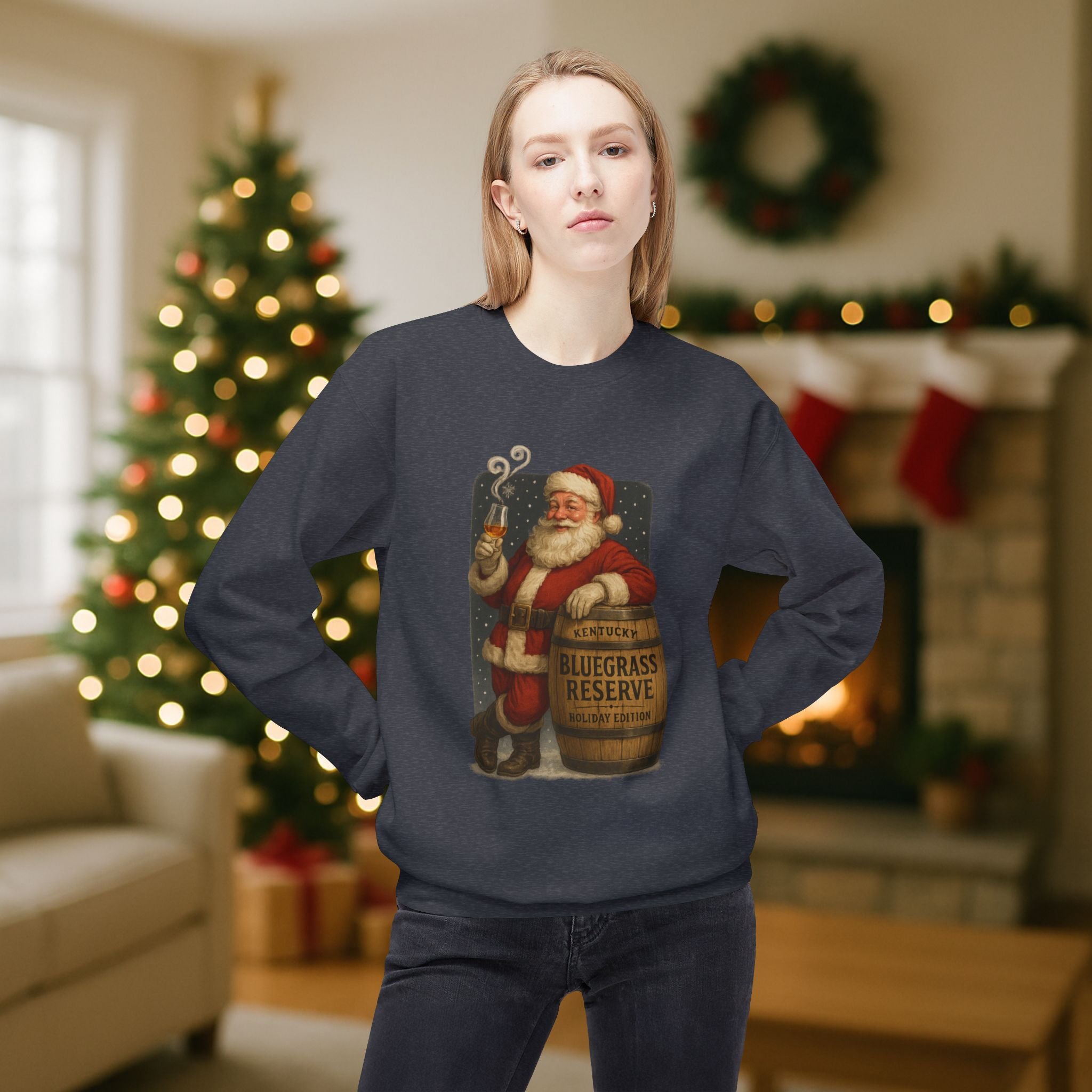 Kentucky “Bluegrass Reserve” Santa Bourbon Christmas Sweatshirt – Vintage Holiday Distillery Graphic