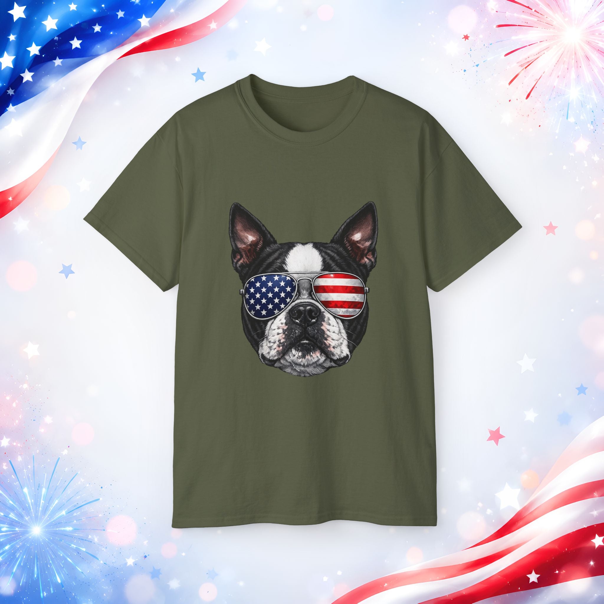 Patriotic Boston Terrier 4th of July T-Shirt | American Flag Dog Sunglasses Tee