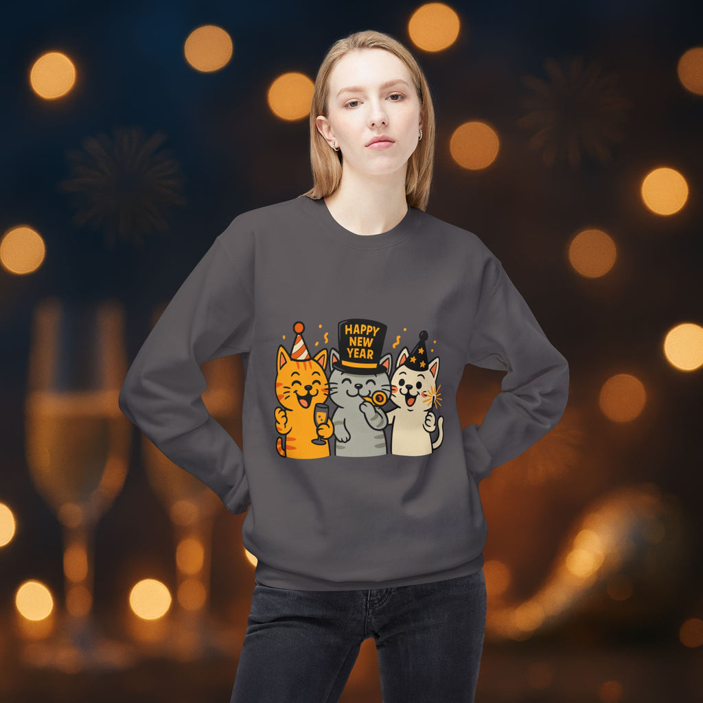 Happy New Year Cats Sweatshirt – Cute Party Cat Crewneck | New Year’s Eve Cat Lover Gift