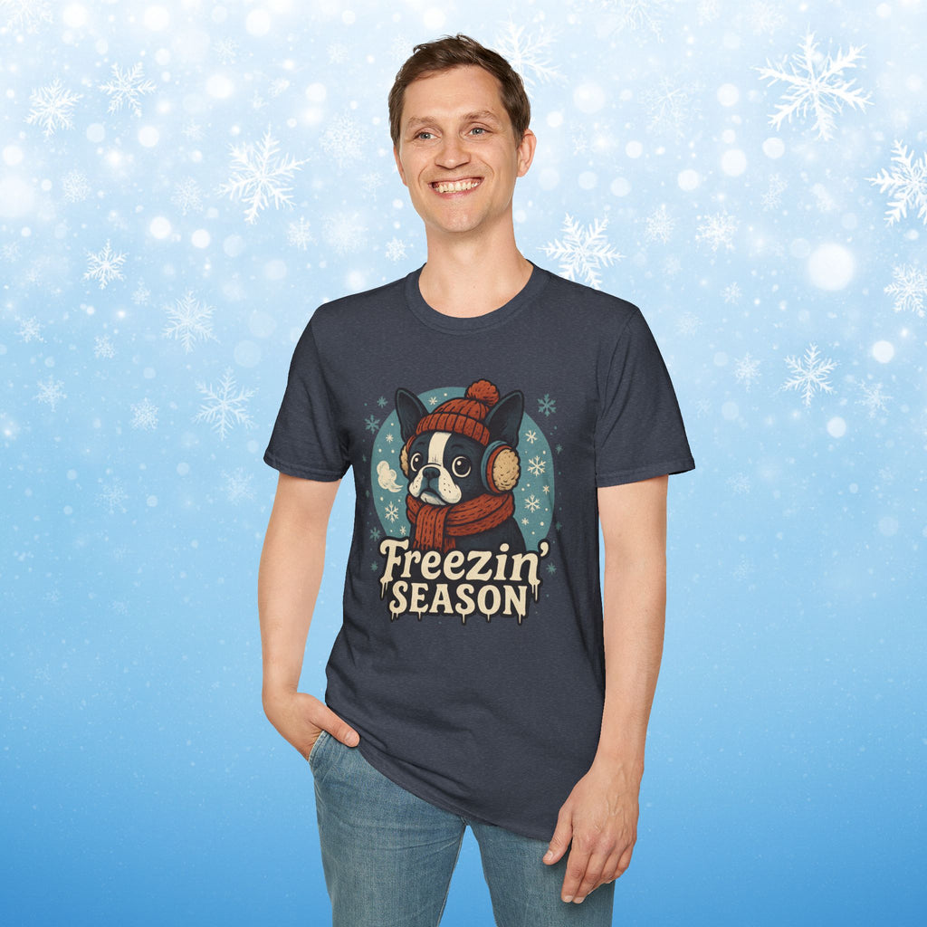 Freezin’ Season Boston Terrier Winter T-Shirt – Cute Dog Lover Tee, Cozy Holiday Graphic Shirt