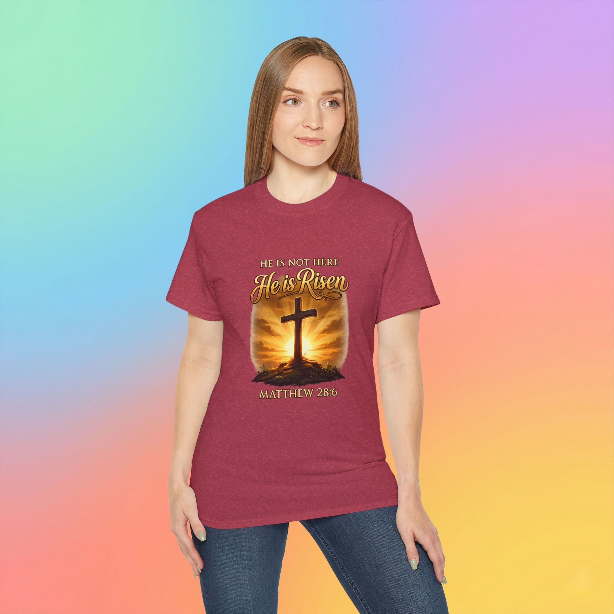 Christian Easter Shirt – He Is Risen Matthew 28:6 Cross Resurrection T-Shirt Faith-Based Easter Apparel