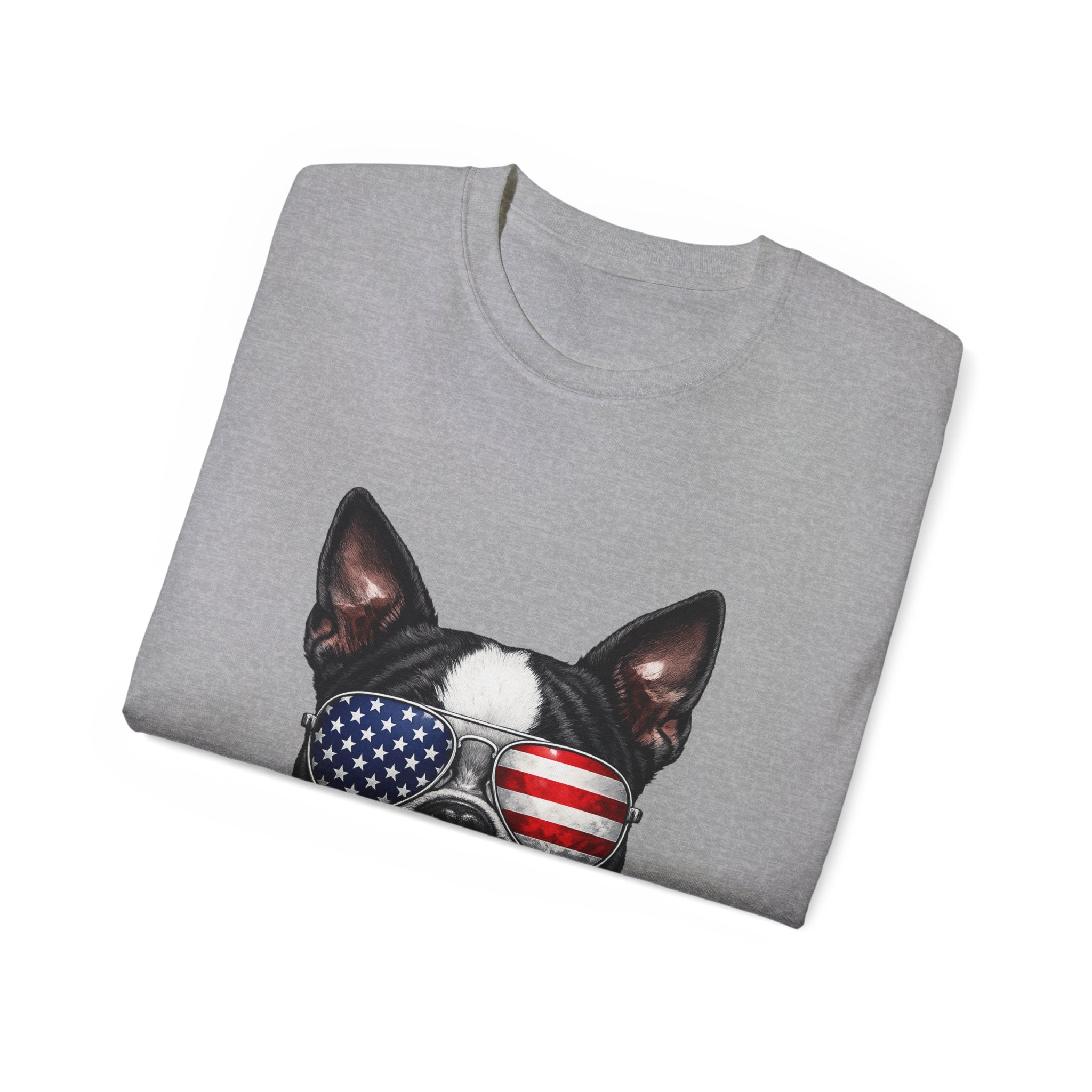 Patriotic Boston Terrier 4th of July T-Shirt | American Flag Dog Sunglasses Tee