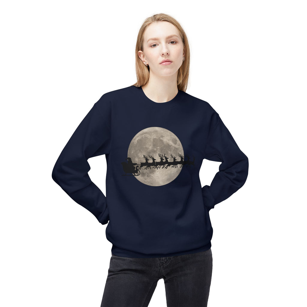 Silent Night Flight — Santa and Reindeer Full Moon Christmas Sweatshirt