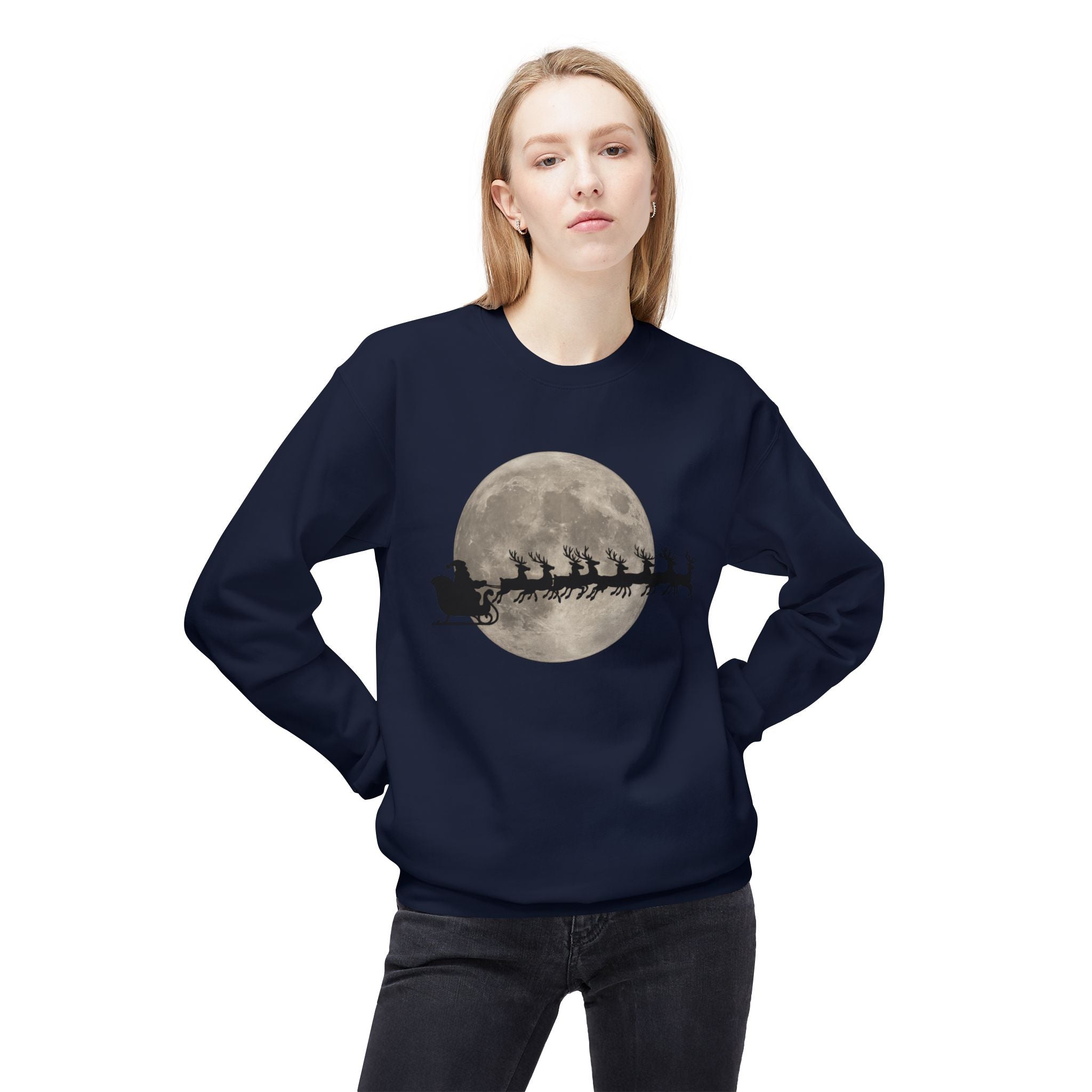 Silent Night Flight — Santa and Reindeer Full Moon Christmas Sweatshirt
