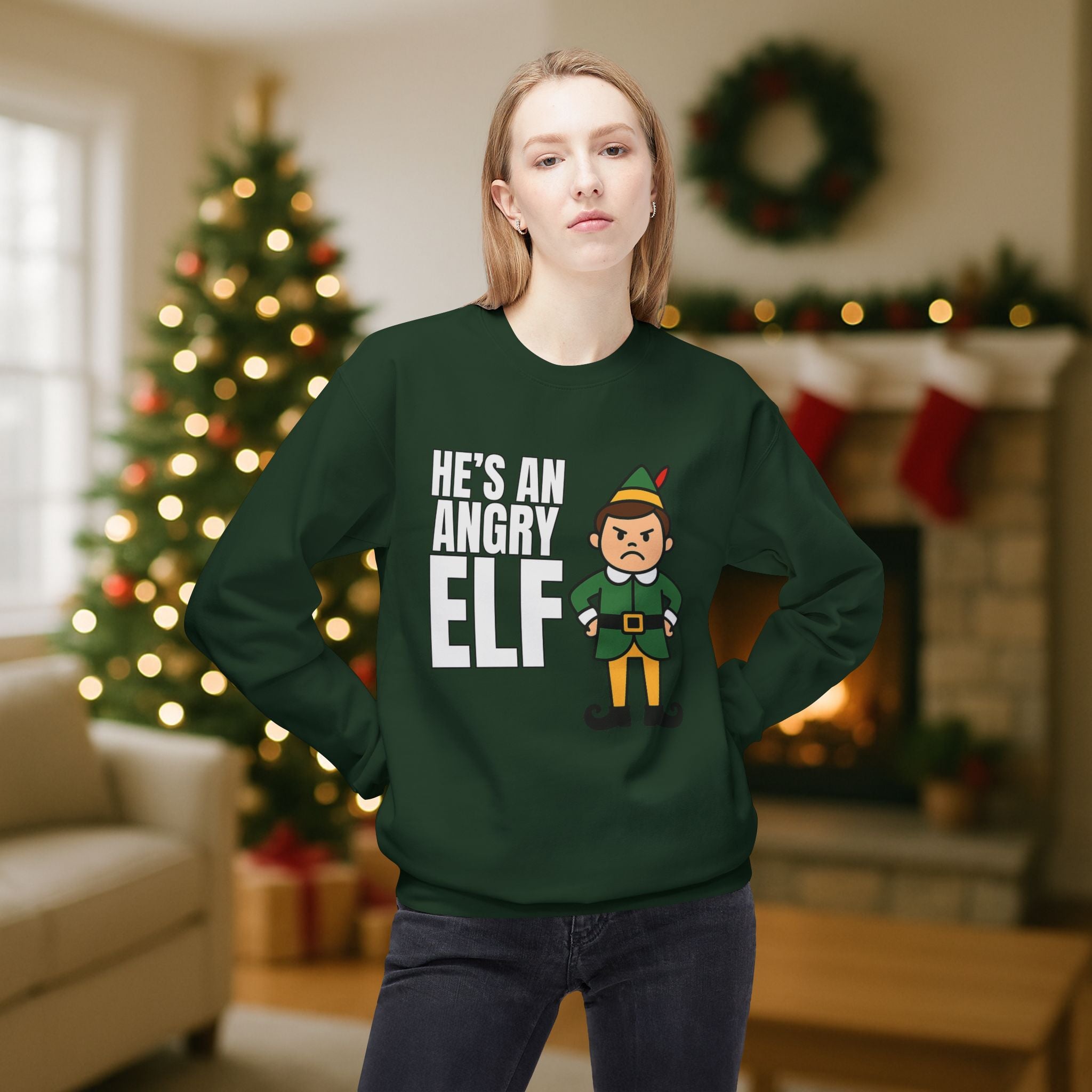 He’s an Angry Elf Christmas Sweatshirt – Funny Holiday Elf Graphic | Festive Unisex Crewneck
