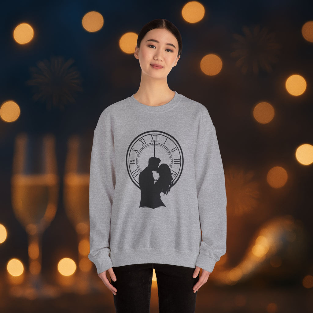 Midnight Kiss New Year’s Eve Sweatshirt – Romantic Clock Silhouette Celebration Crewneck