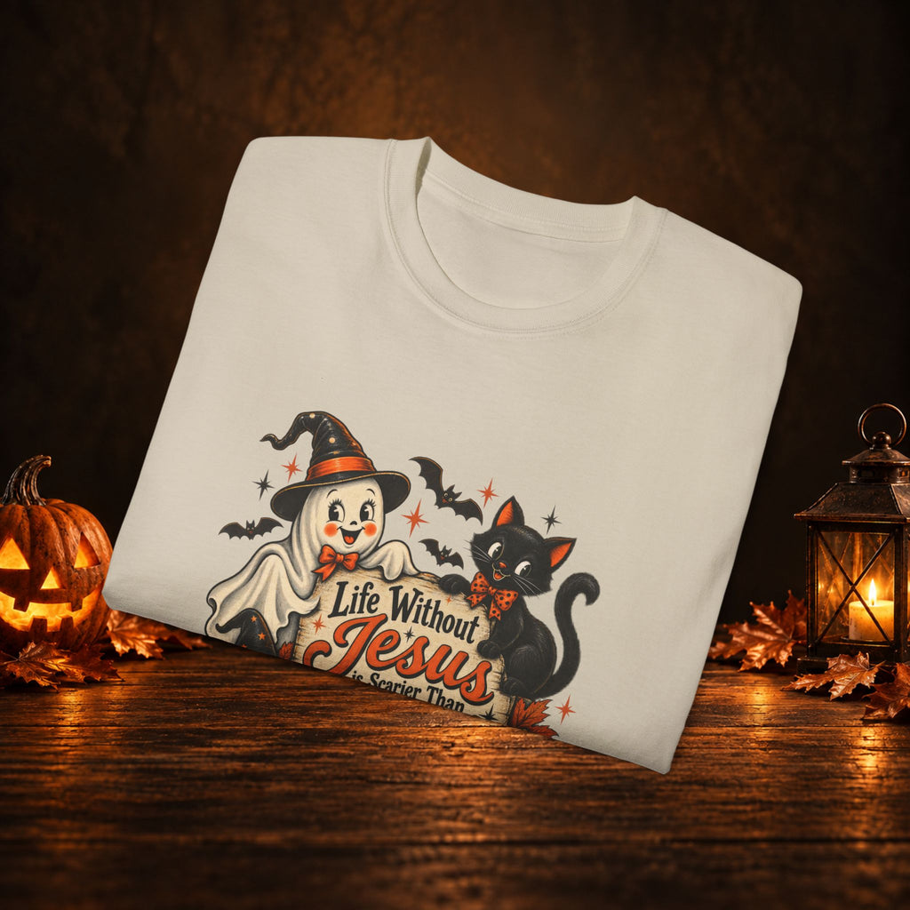 Halloween Christian T-Shirt — “Life Without Jesus Is Scary” Pumpkin & Cat Tee