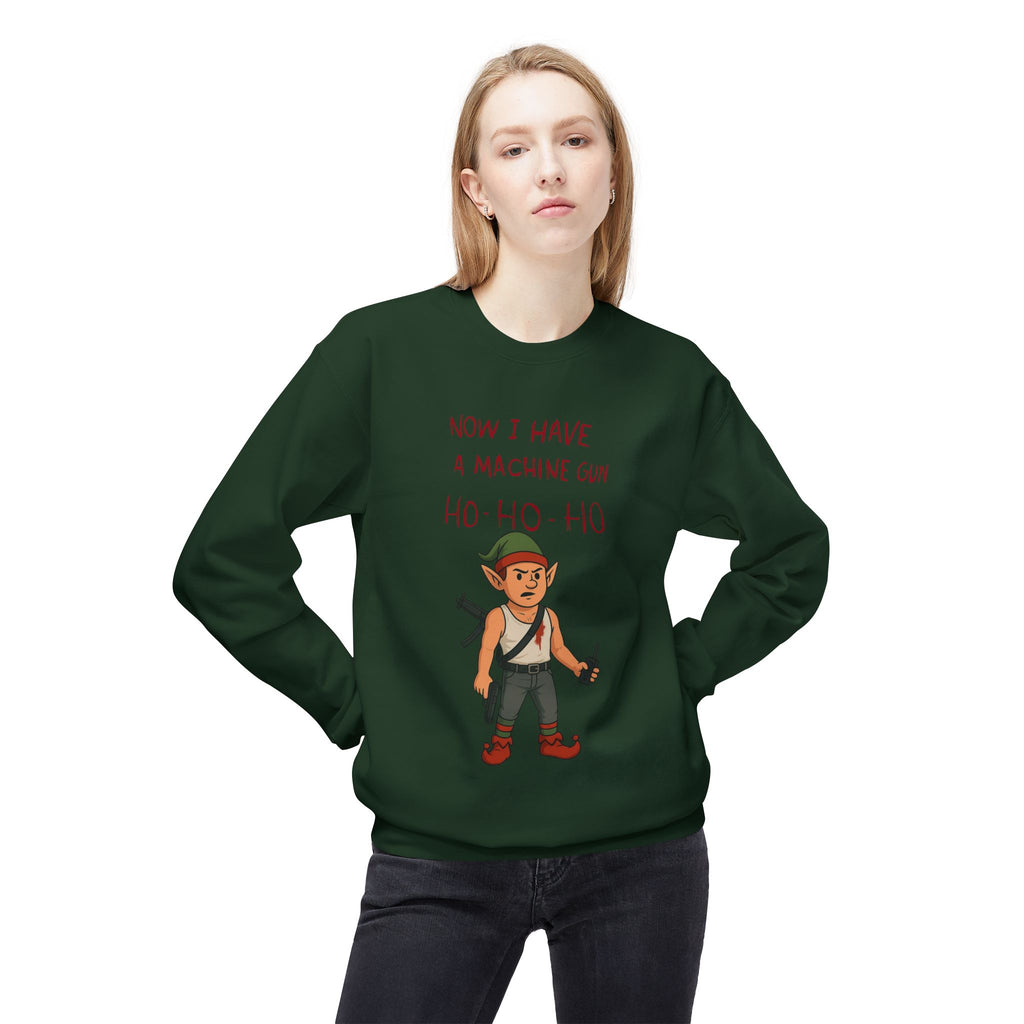 "Ho Ho Ho Machine Gun Elf Christmas Sweatshirt – Funny Die Hard Inspired Holiday Design"